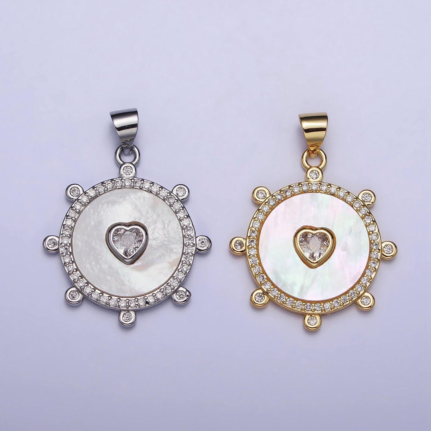 18k gold filled medallion charm, silver clear cz heart shell pearl round micro paved dotted outline pendant | ac995 ac996