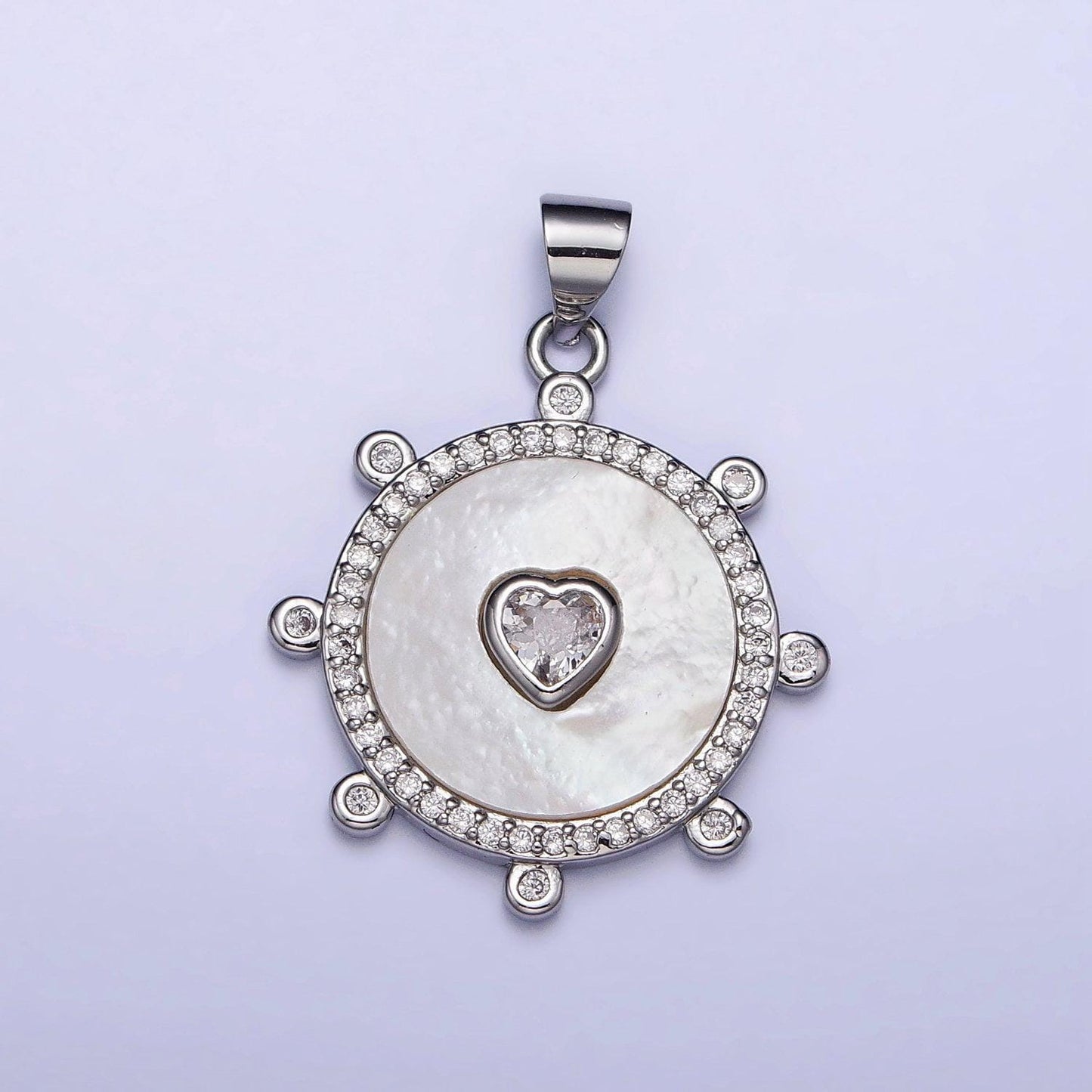 18k gold filled medallion charm, silver clear cz heart shell pearl round micro paved dotted outline pendant | ac995 ac996