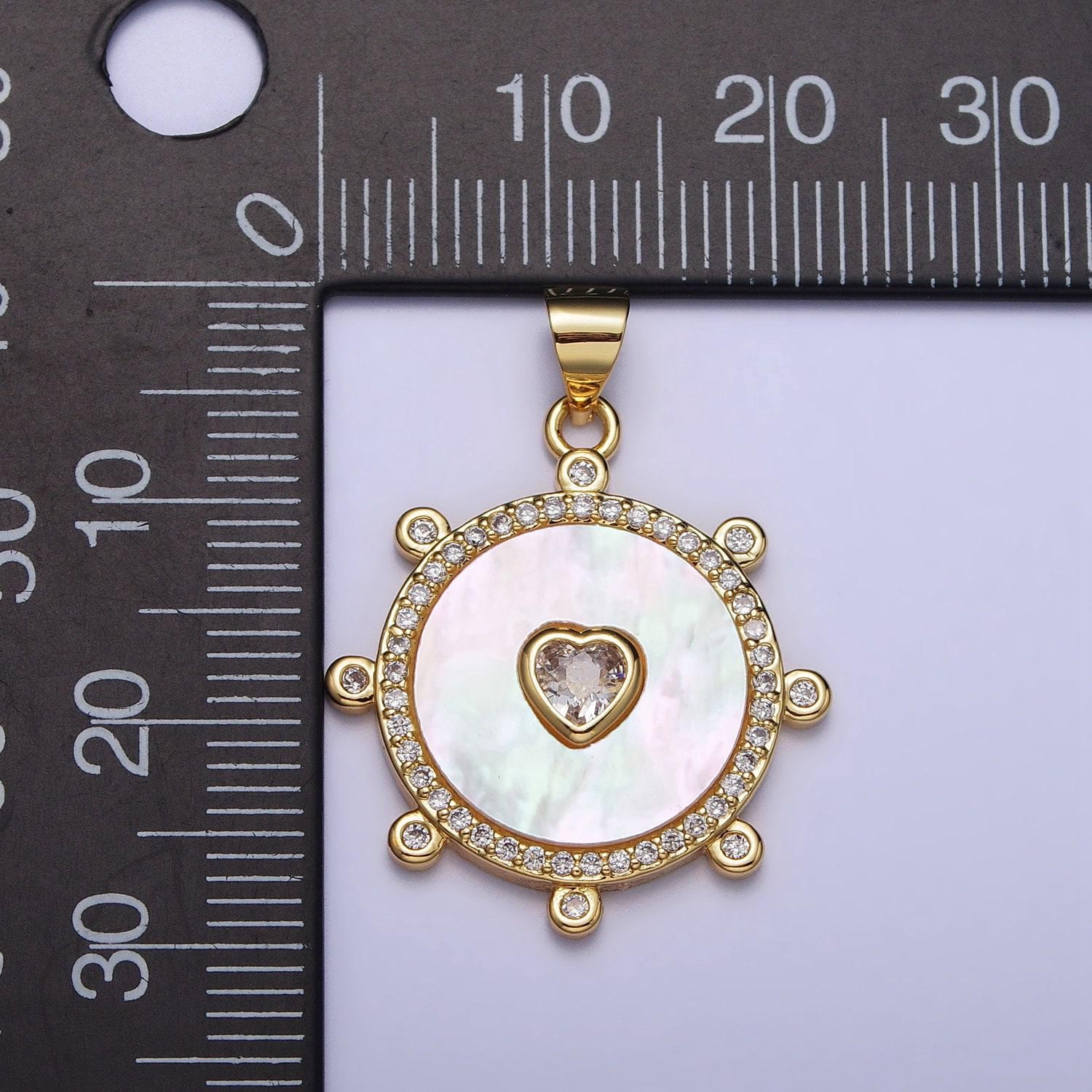 18k gold filled medallion charm, silver clear cz heart shell pearl round micro paved dotted outline pendant | ac995 ac996