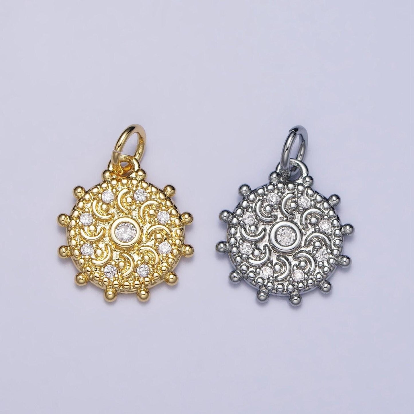 18k gold filled chakra charms, dainty cubic yoga charm in round disc charm medallion for necklace, crescent moon bohemian pendant ac973