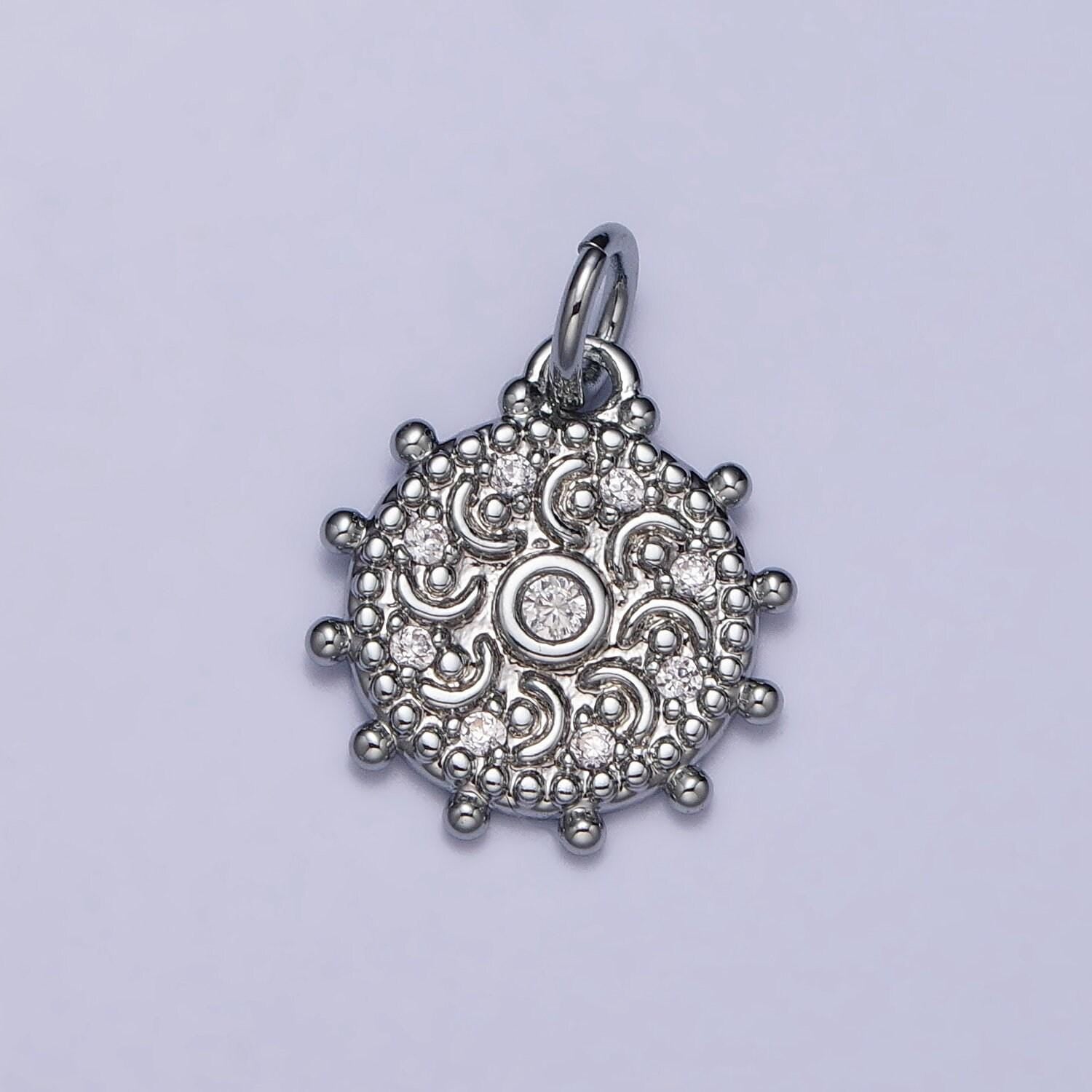 18k gold filled chakra charms, dainty cubic yoga charm in round disc charm medallion for necklace, crescent moon bohemian pendant ac973