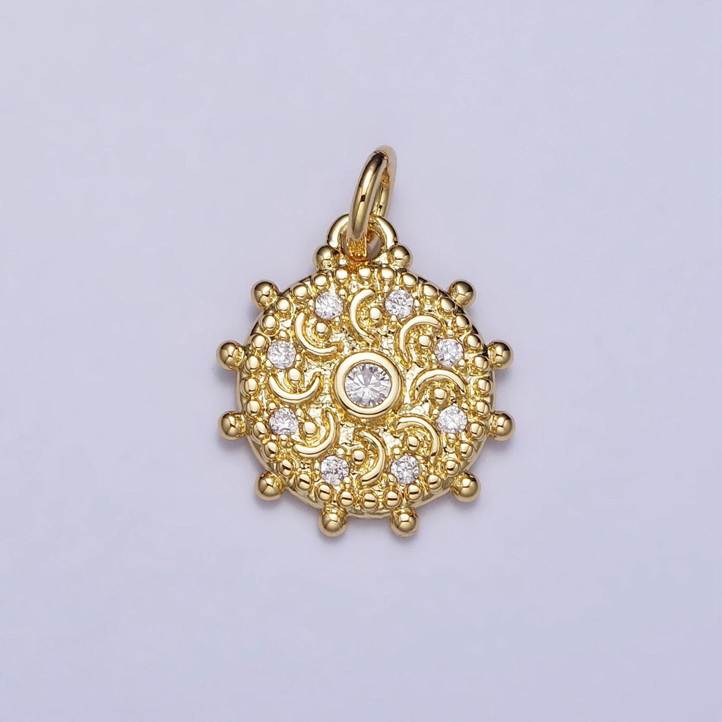 18k gold filled chakra charms, dainty cubic yoga charm in round disc charm medallion for necklace, crescent moon bohemian pendant ac973