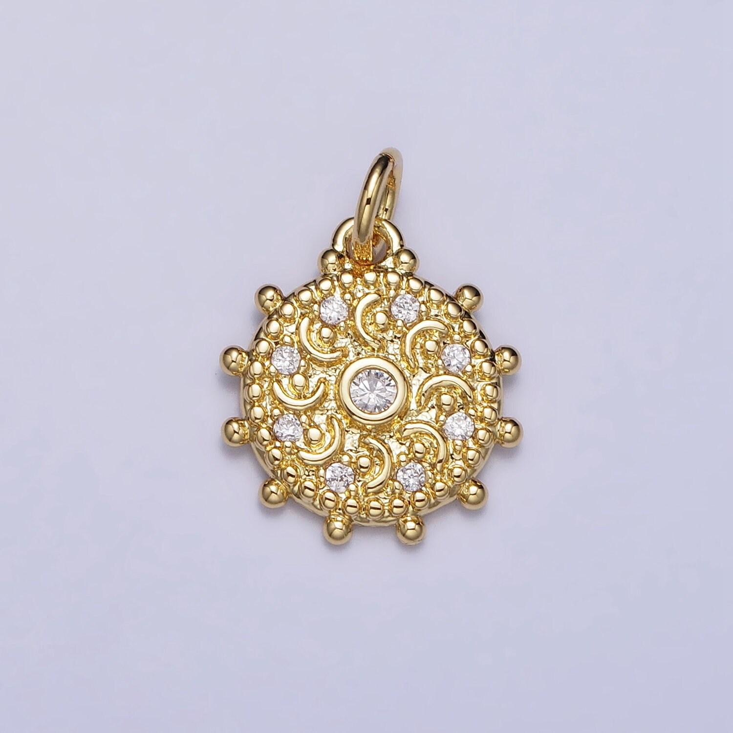 18k gold filled chakra charms, dainty cubic yoga charm in round disc charm medallion for necklace, crescent moon bohemian pendant ac973