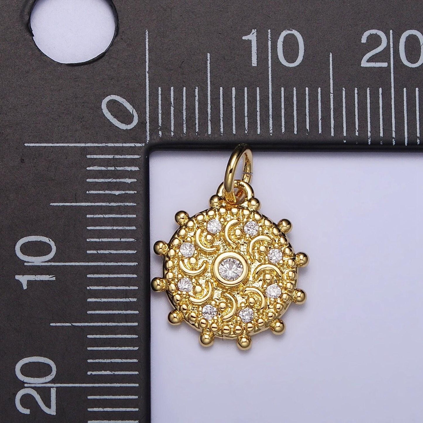 18k gold filled chakra charms, dainty cubic yoga charm in round disc charm medallion for necklace, crescent moon bohemian pendant ac973