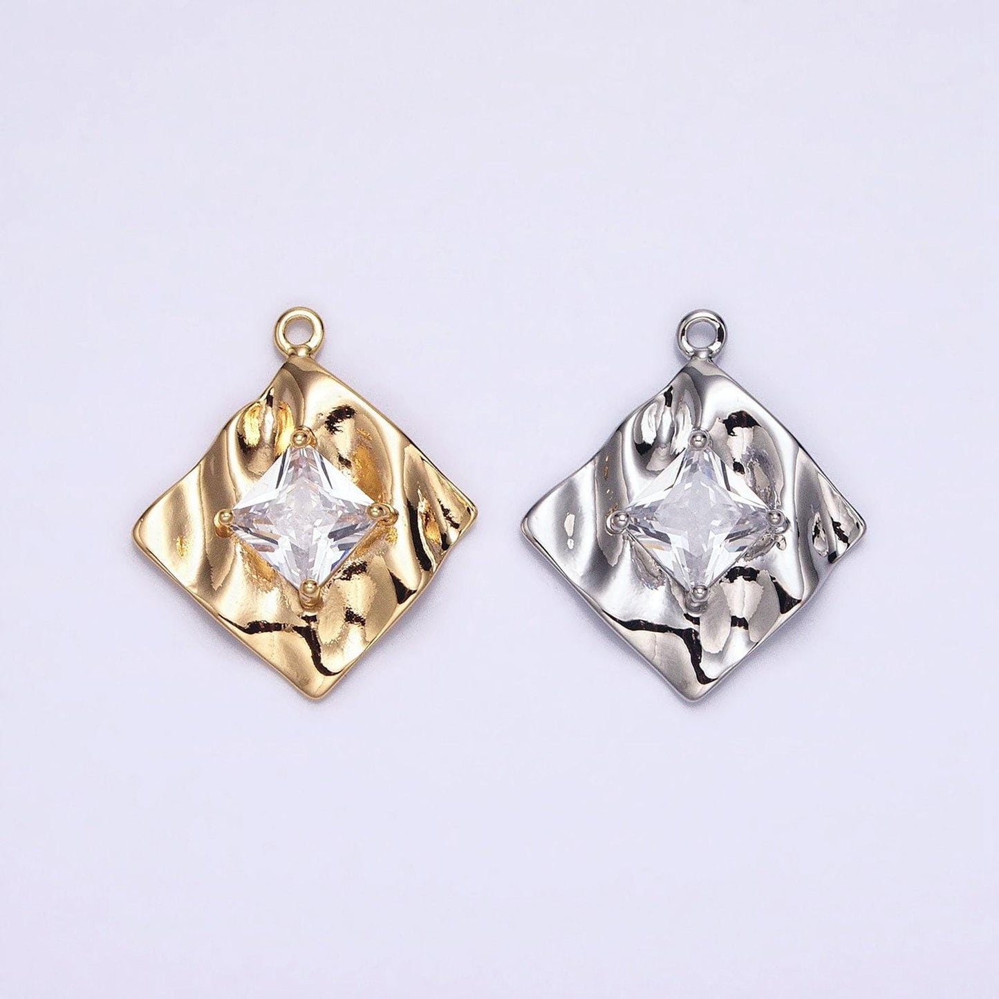 16k gold filled clear diamond cz rhombus hammered abstract geometric charm in gold & silver | ac954 ac955