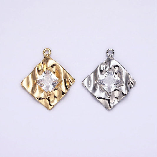16k gold filled clear diamond cz rhombus hammered abstract geometric charm in gold & silver | ac954 ac955