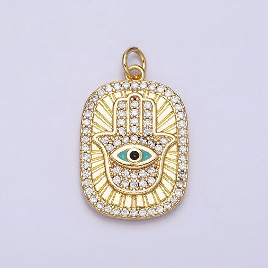 Double sided dainty gold micro pave cz hamsa hand pendant charm blue teal enamel evil eye pendant charm, for diy jewelry ac953