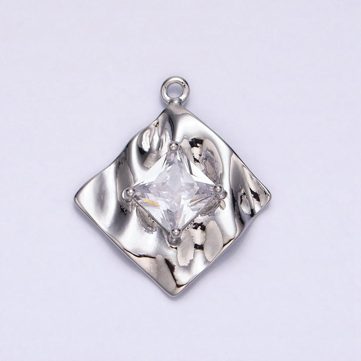 16k gold filled clear diamond cz rhombus hammered abstract geometric charm in gold & silver | ac954 ac955