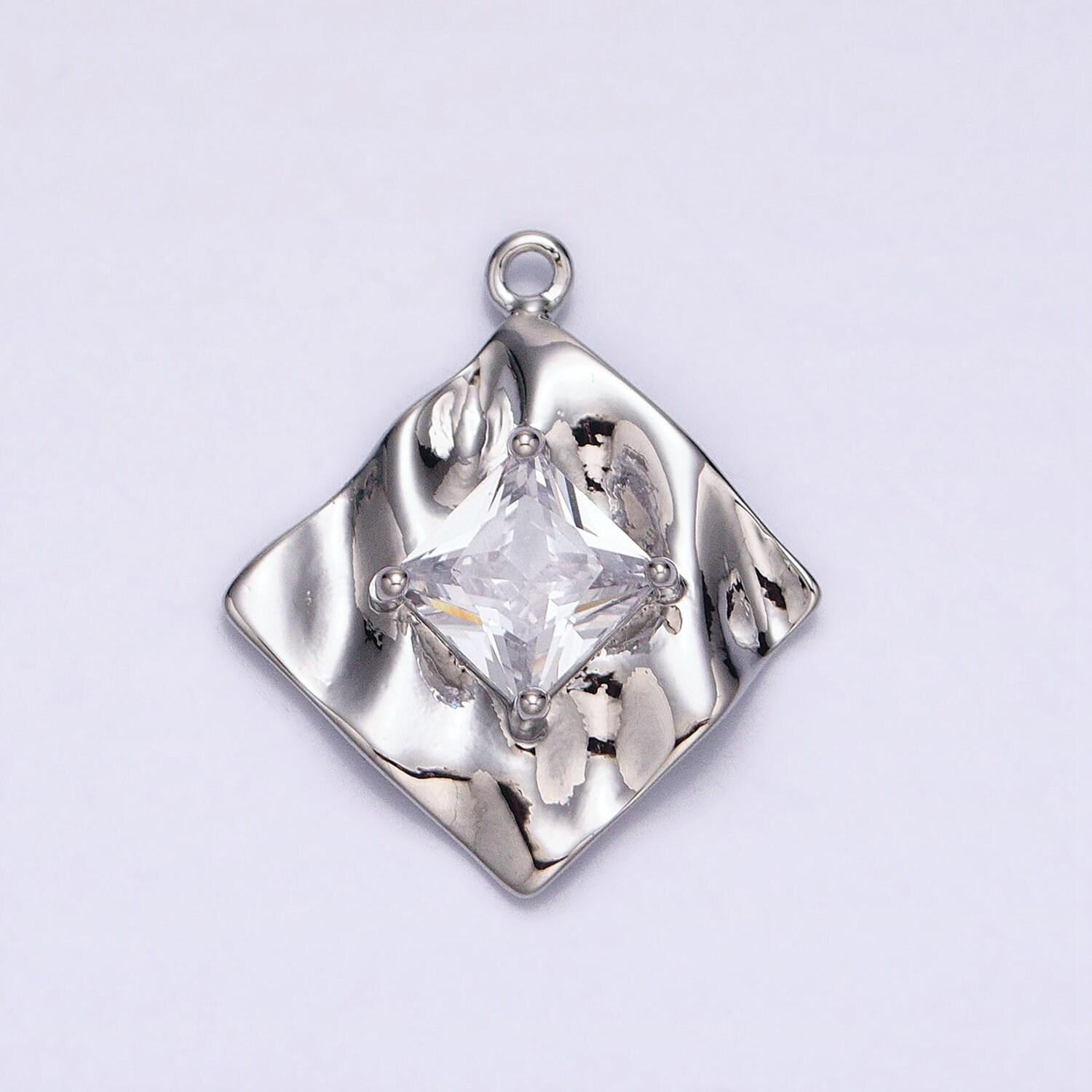 16k gold filled clear diamond cz rhombus hammered abstract geometric charm in gold & silver | ac954 ac955