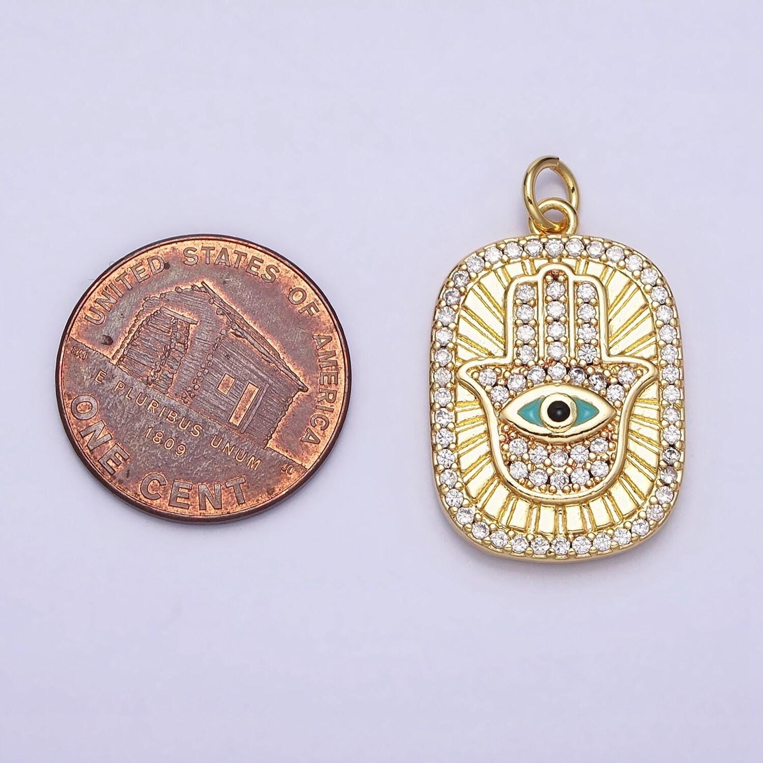 Double sided dainty gold micro pave cz hamsa hand pendant charm blue teal enamel evil eye pendant charm, for diy jewelry ac953