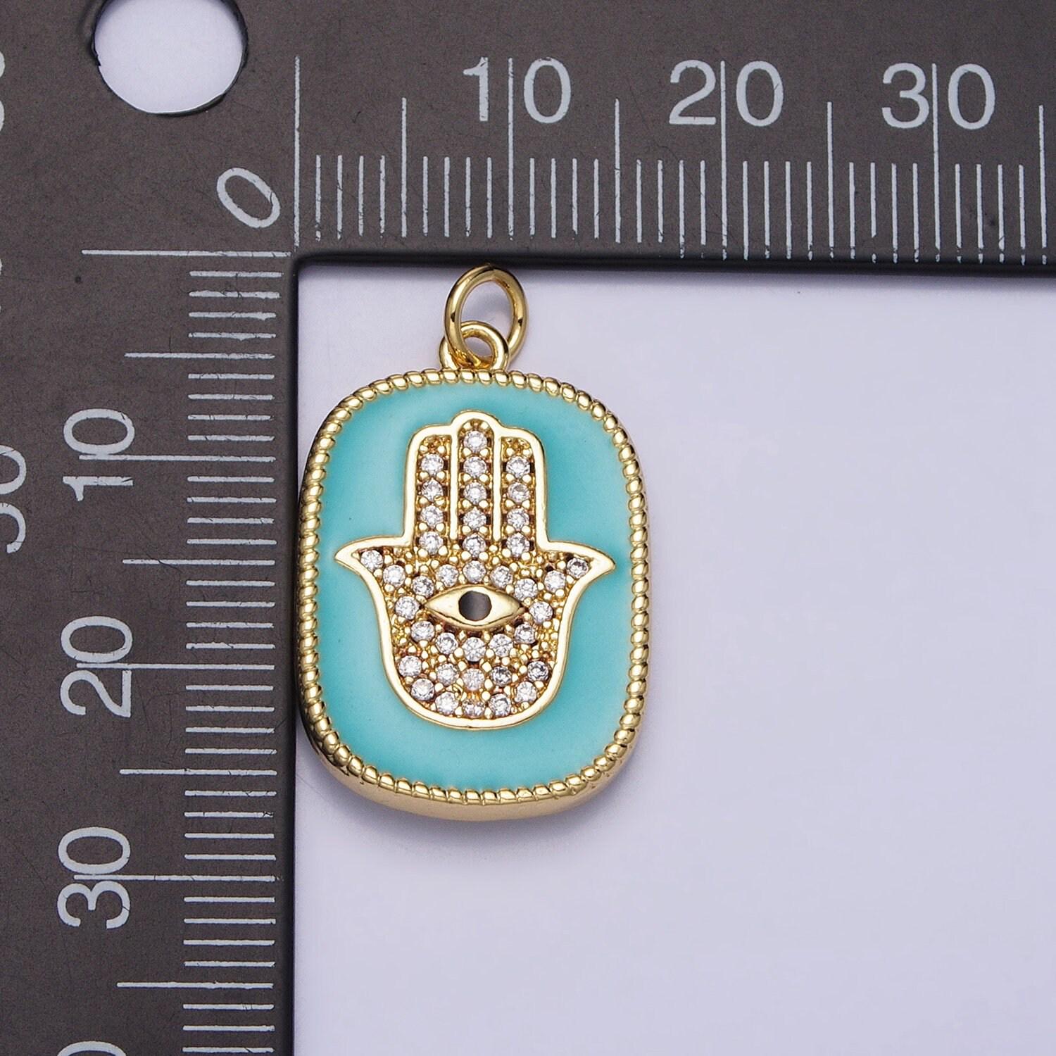 Double sided dainty gold micro pave cz hamsa hand pendant charm blue teal enamel evil eye pendant charm, for diy jewelry ac953