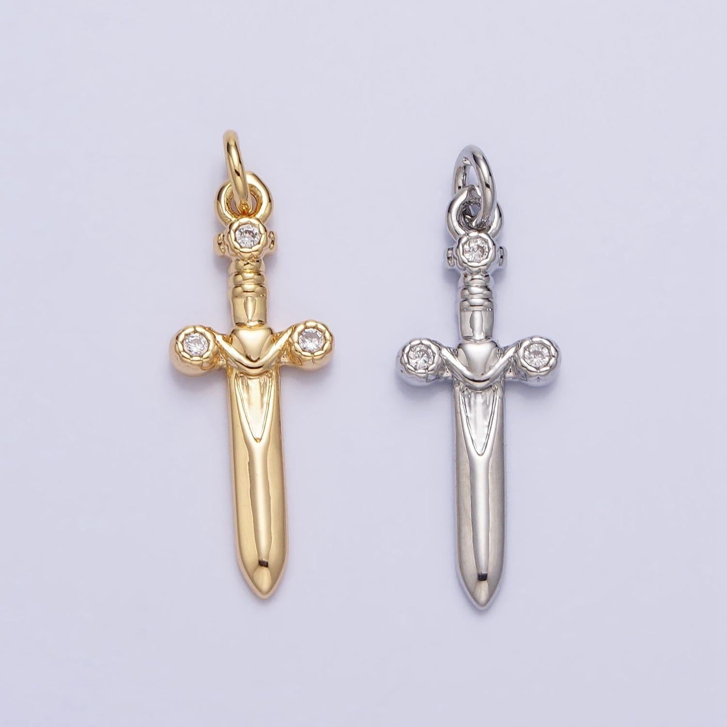 16k gold plated dainty knife pendant small dagger amulet clear micro cz pave | diy fashion charm add on necklace bracelet ac397 ac947