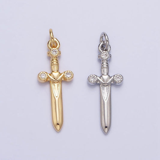 16k gold plated dainty knife pendant small dagger amulet clear micro cz pave | diy fashion charm add on necklace bracelet ac397 ac947