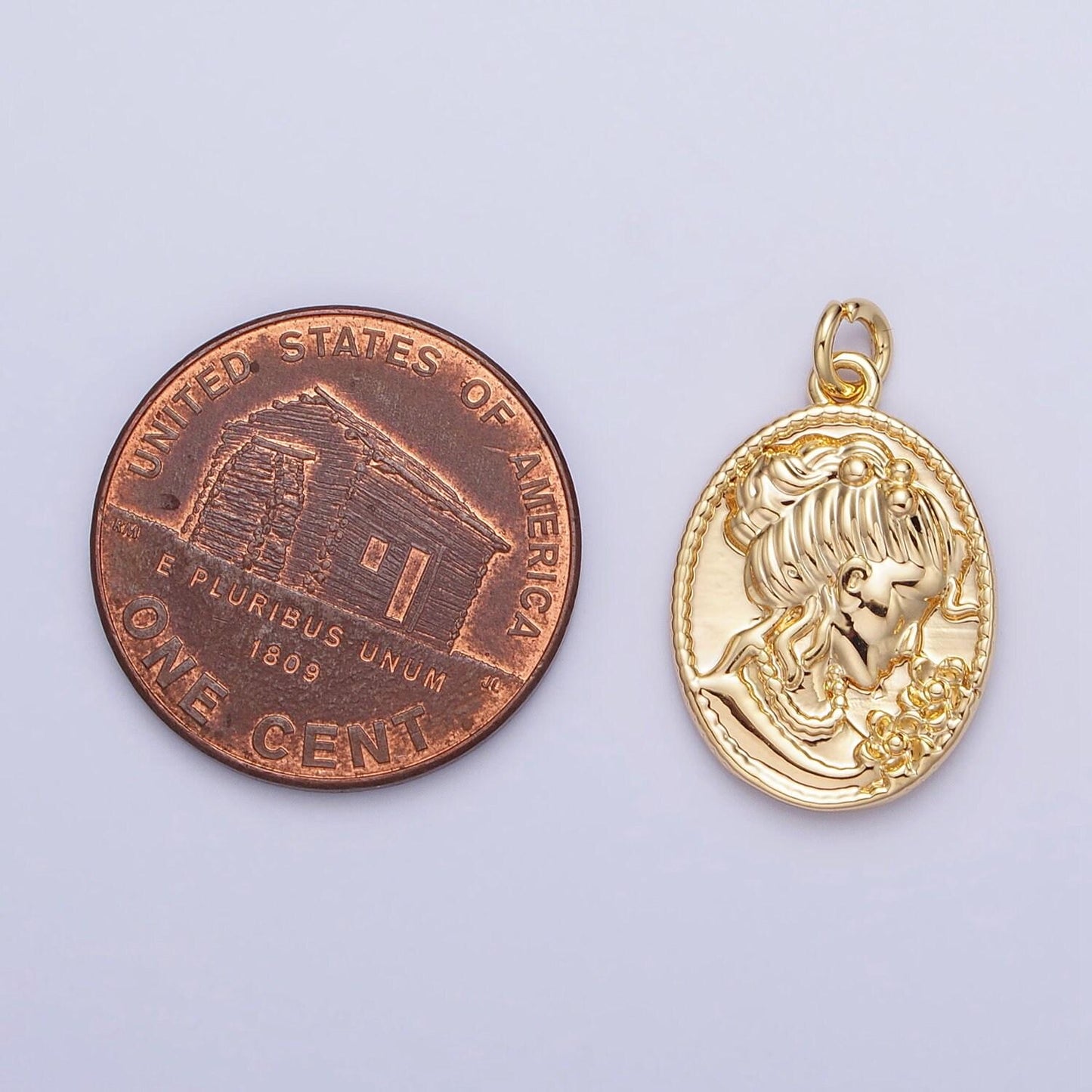 Princess lady coin pendant- 16k gold filled charm earrings - oval coin jewelry - queen cameo pendant - goddess lady coin medallion ac948