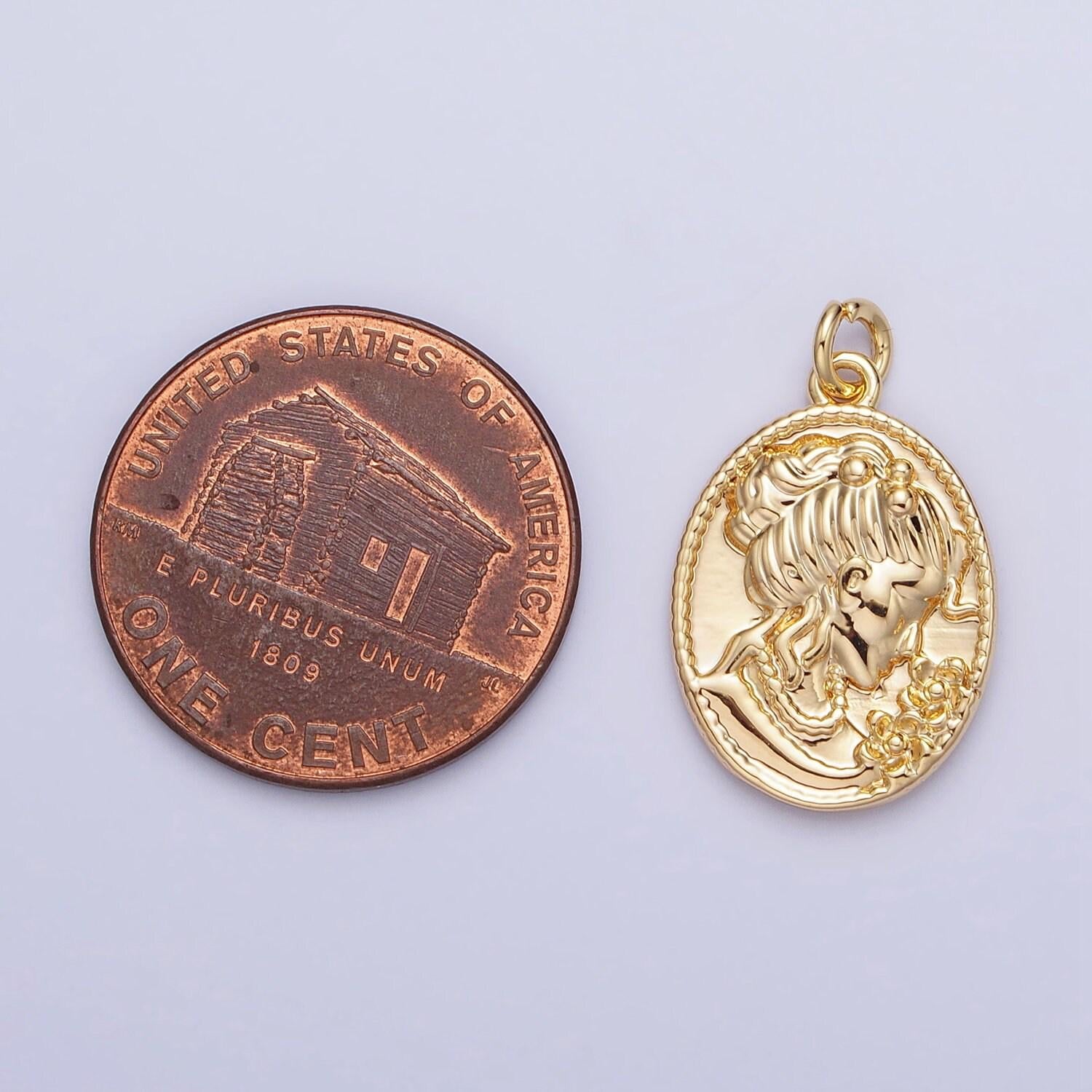 Princess lady coin pendant- 16k gold filled charm earrings - oval coin jewelry - queen cameo pendant - goddess lady coin medallion ac948