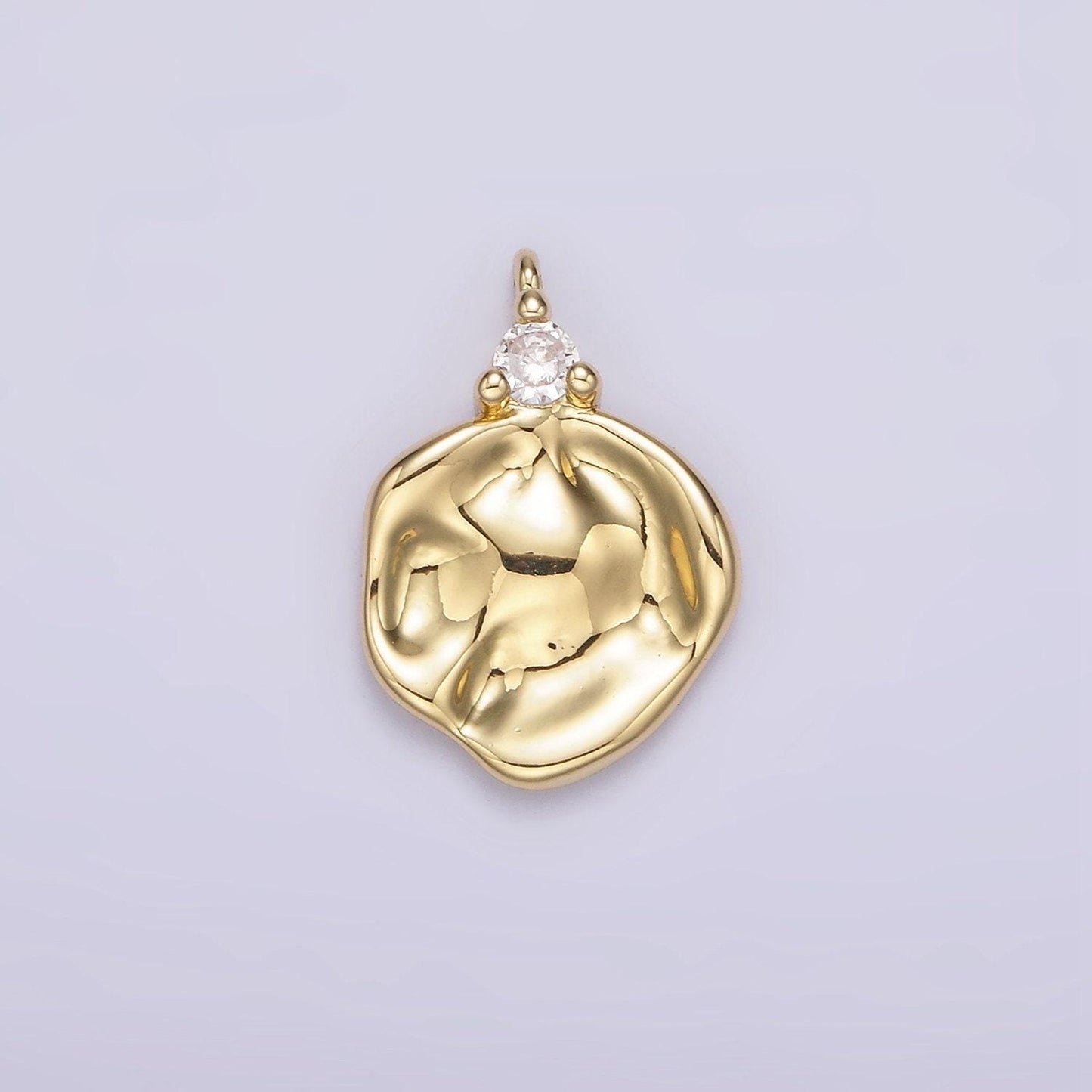 14k gold filled clear cz hammered round charm | ac931
