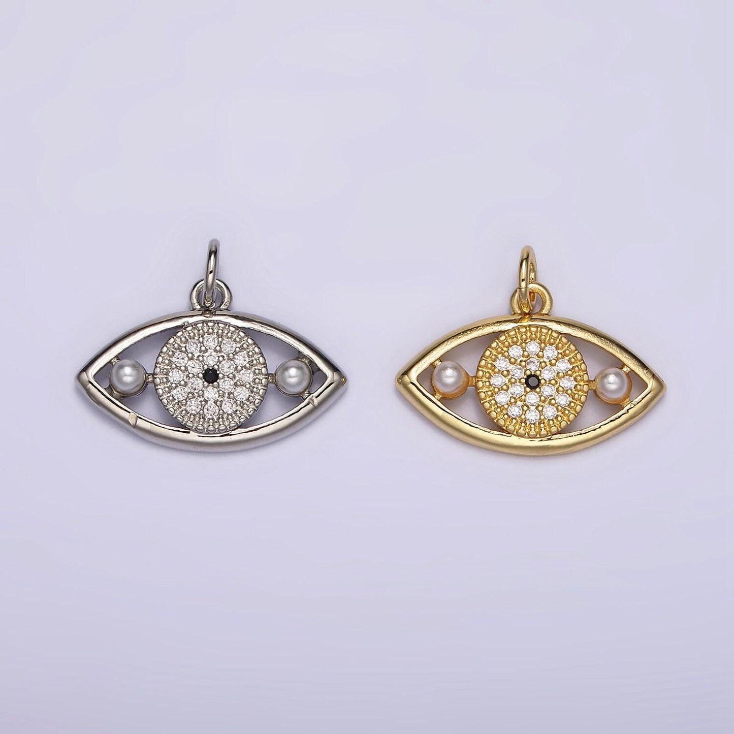 14k gold filled evil eye double pearl clear micro paved cz open charm in gold & silver | ac891 ac892