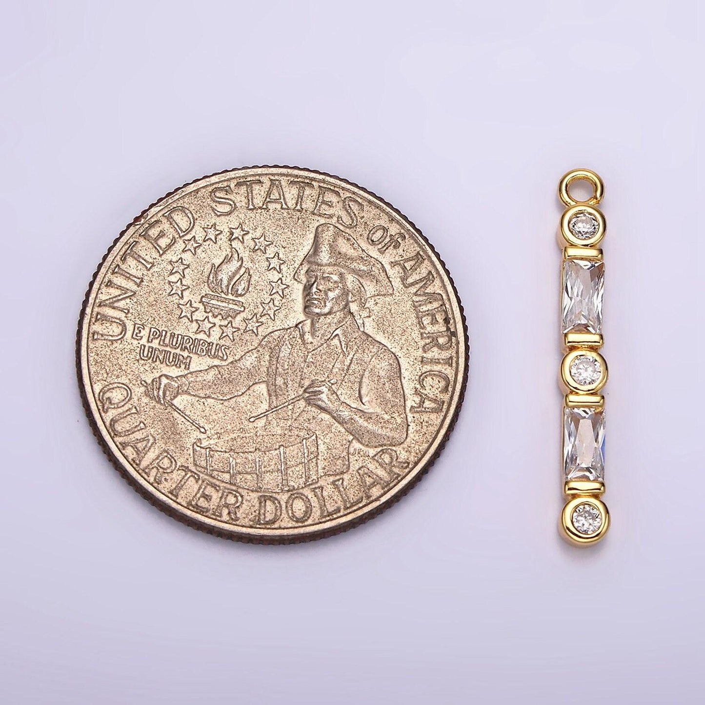 24k gold filled 24mm clear cz baguette round bezel linear charm | ac883