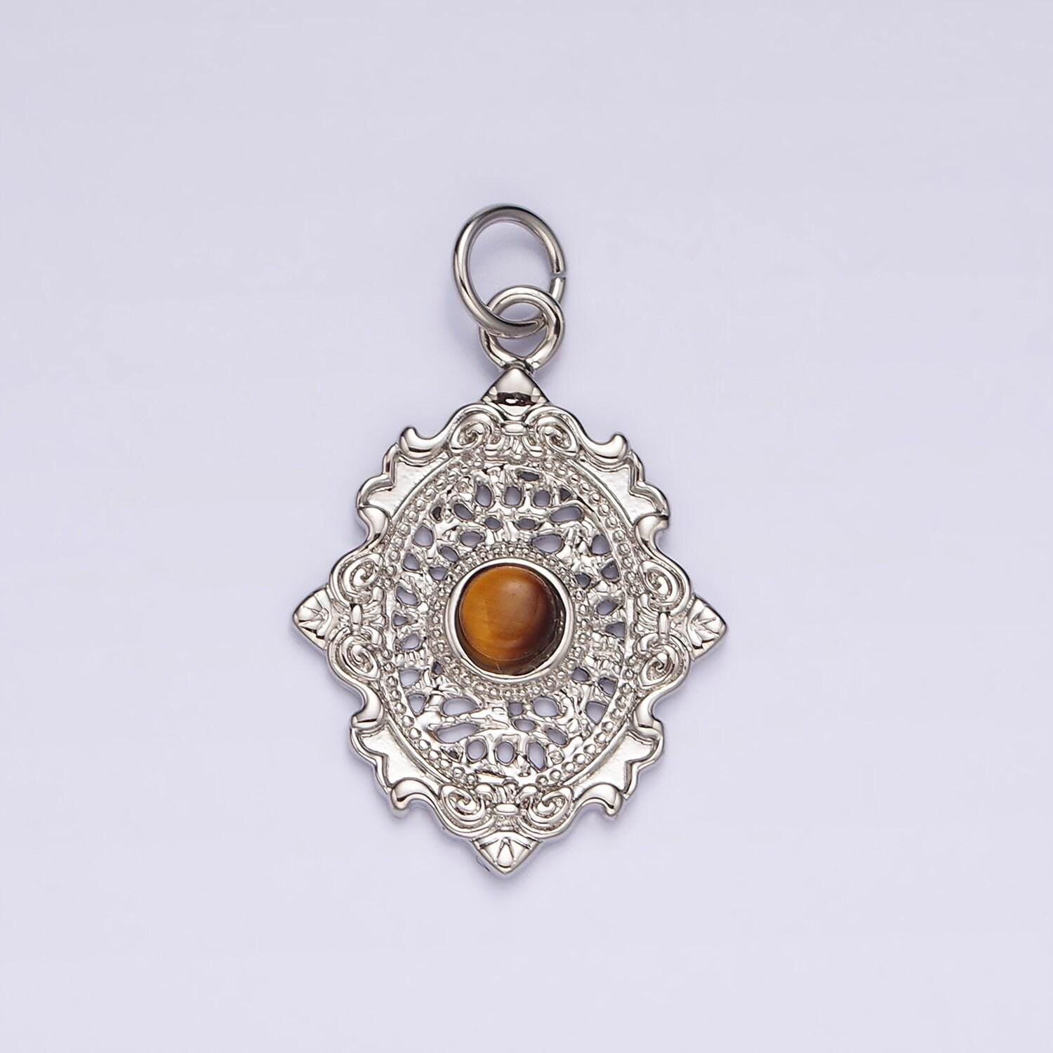 14k gold filled carnelian, agate, tiger eye dot artisan oval charm in gold & silver | ac885 - ac890