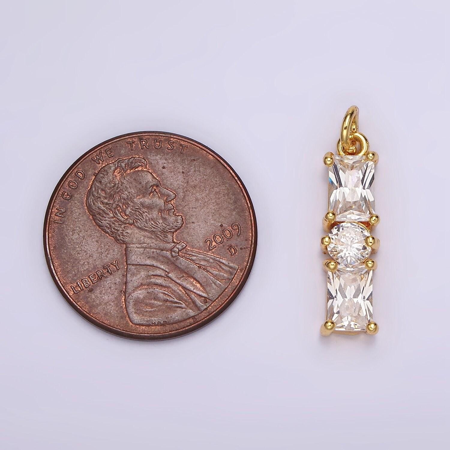 24k gold filled 20mm clear double baguette round cz linear charm | ac882