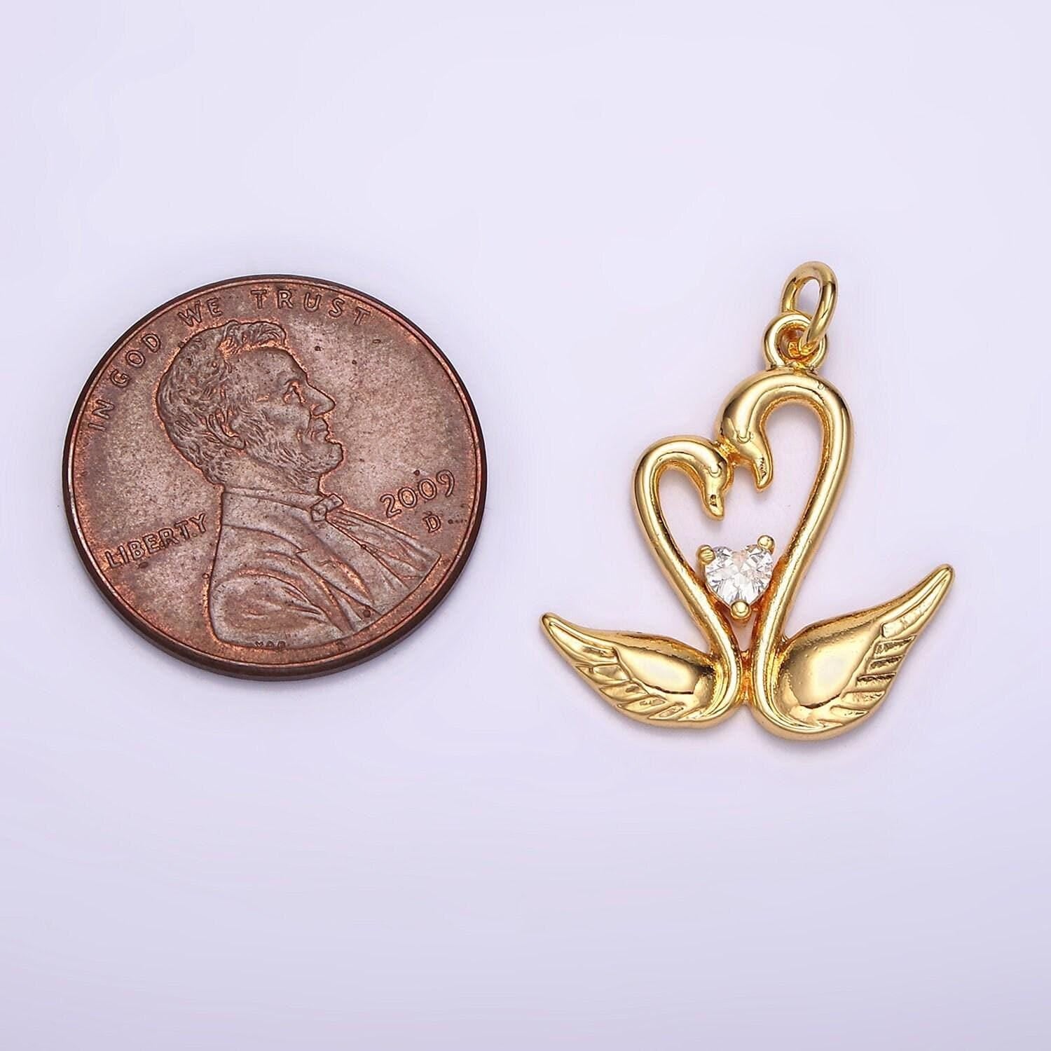 14k gold filled clear cz heart swan bird animal charm | ac880