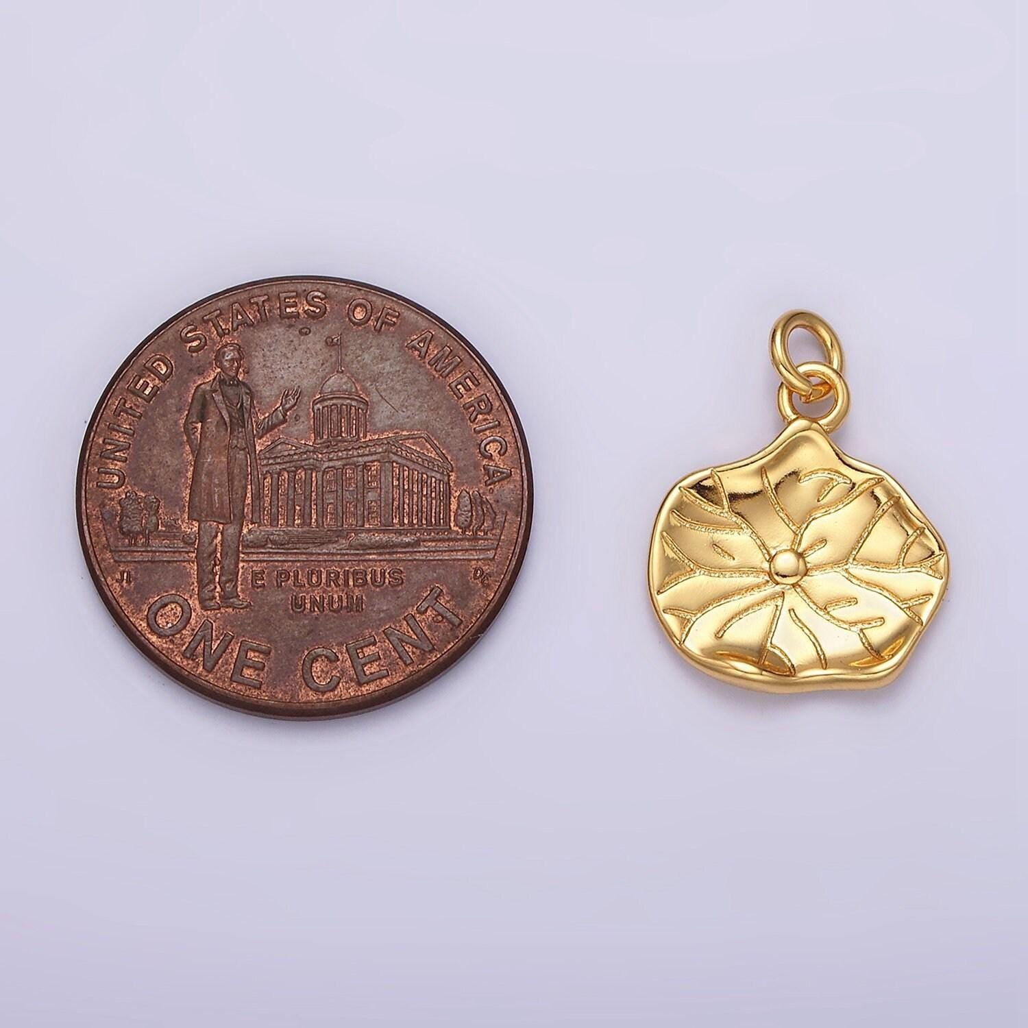 16k gold filled lily pad leaf nature hammered round charm | ac852