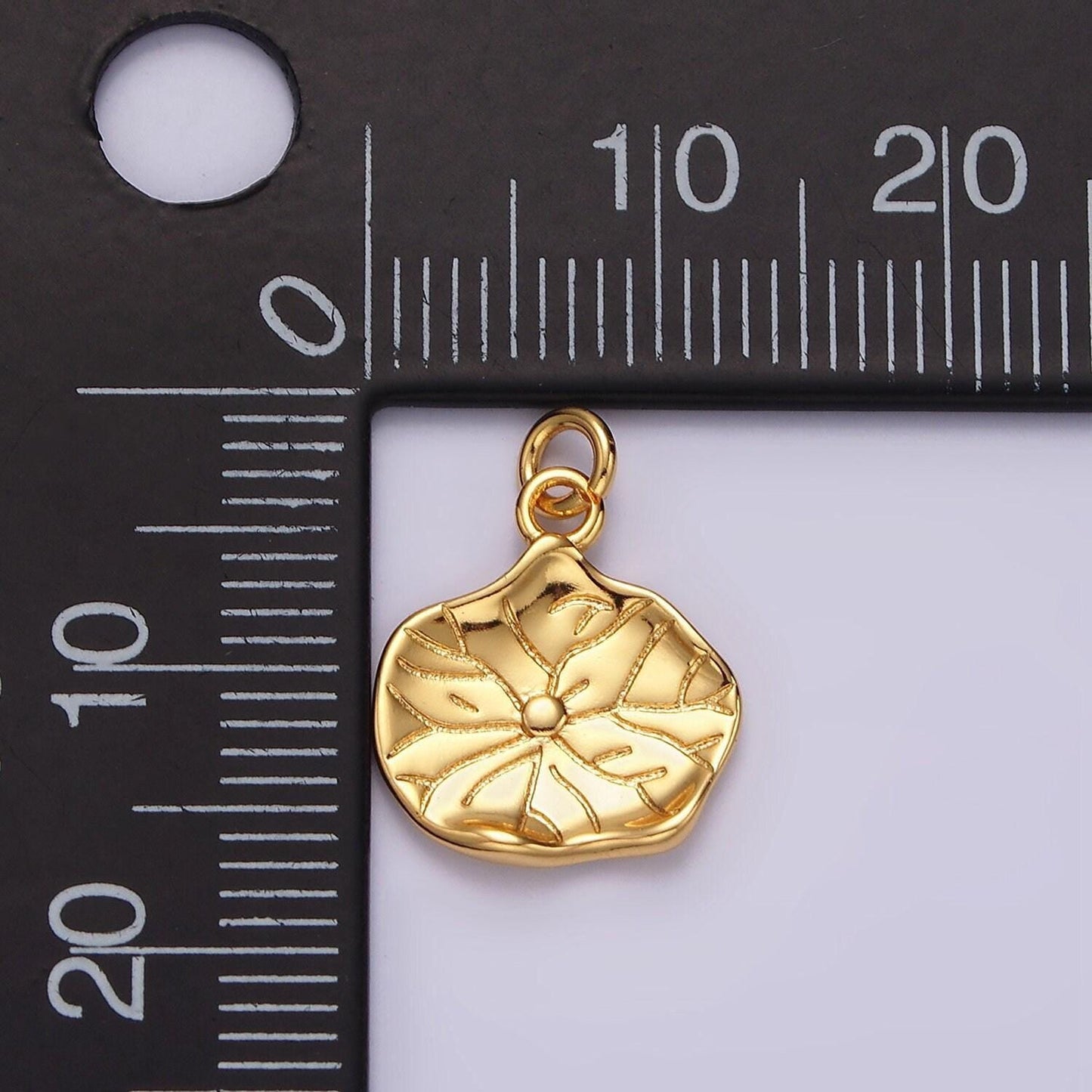 16k gold filled lily pad leaf nature hammered round charm | ac852