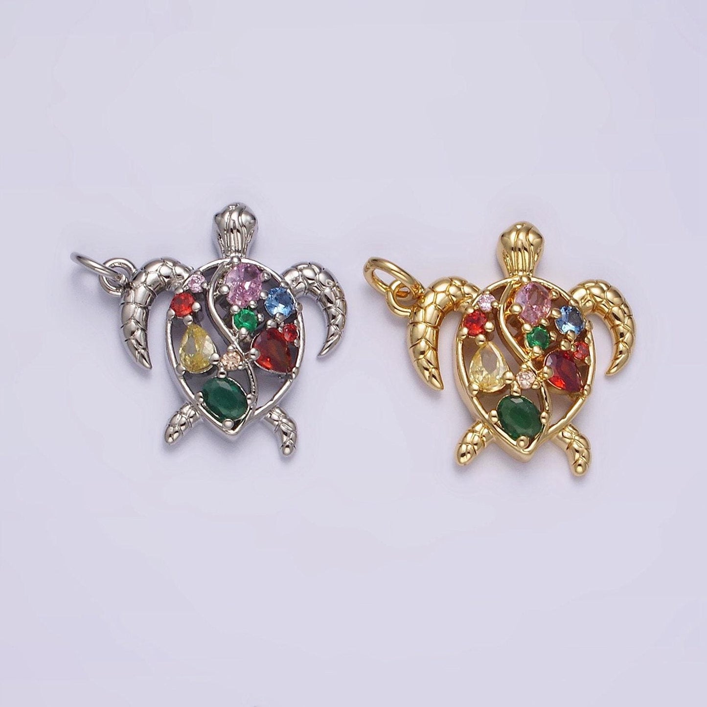 14k gold filled multicolor cz open textured turtle tortoise ocean animal charm in gold & silver | ac833 ac834