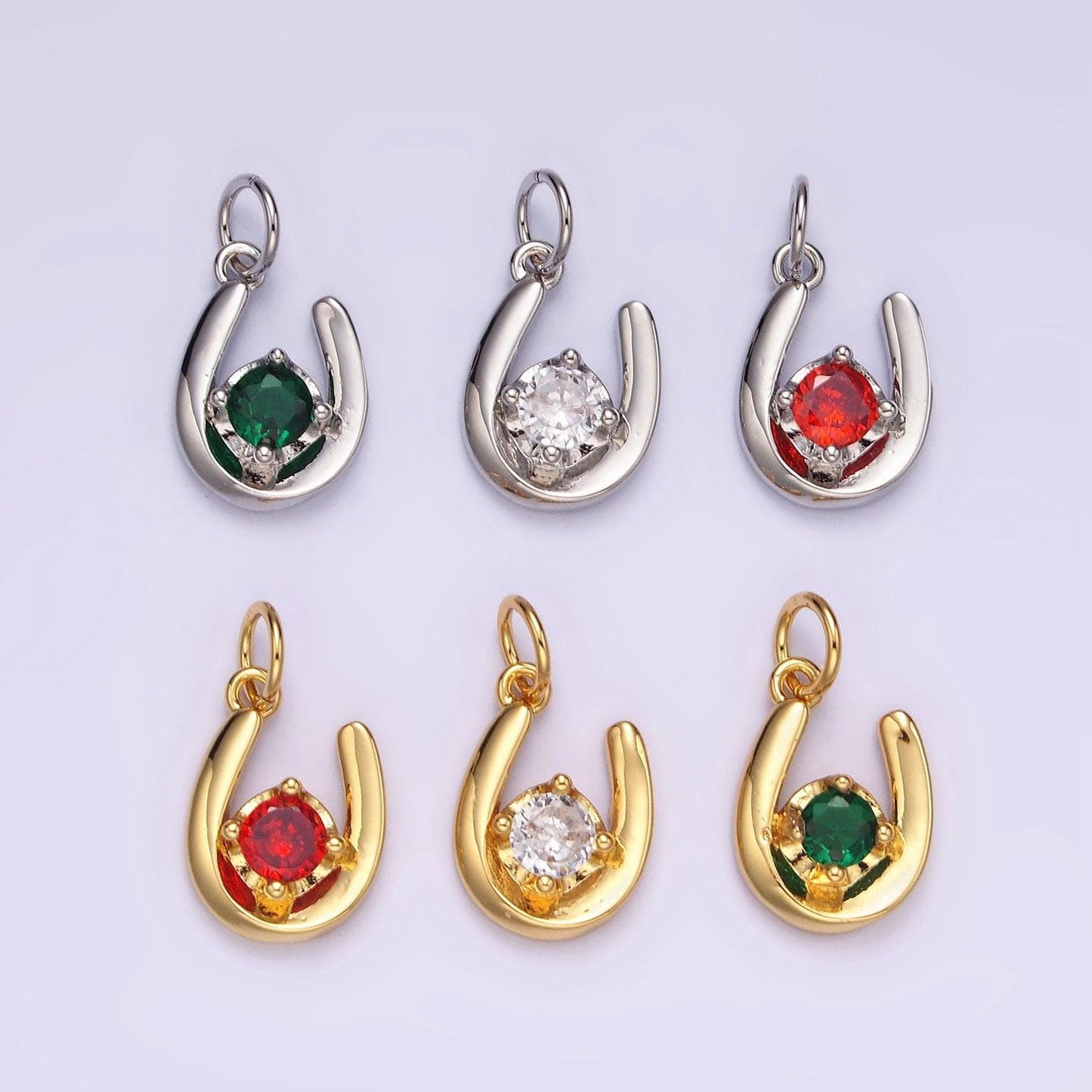 14k gold filled clear, green, red cz lucky u horseshoe charm in gold & silver | ac827 - ac832
