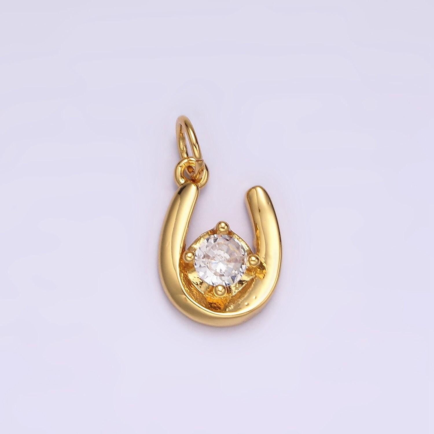 14k gold filled clear, green, red cz lucky u horseshoe charm in gold & silver | ac827 - ac832