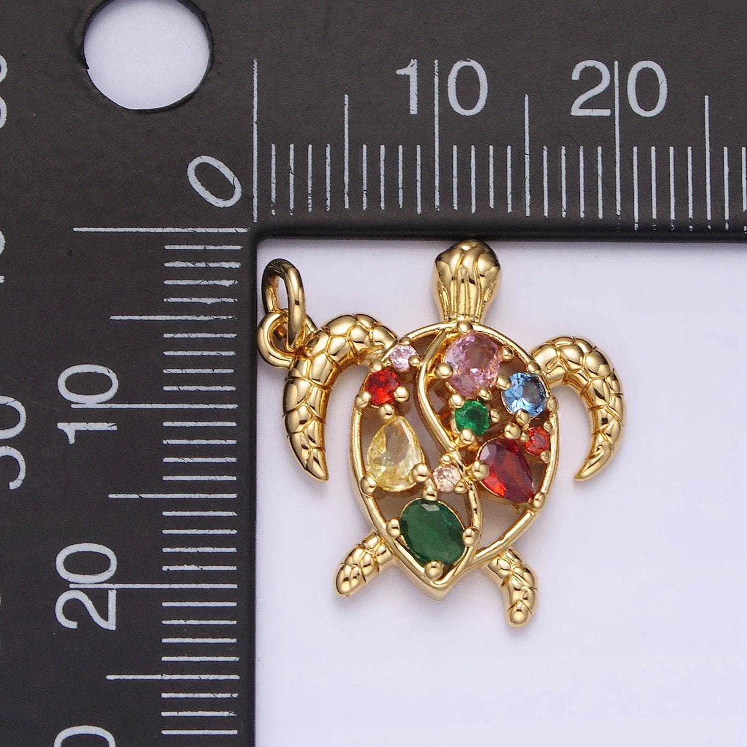 14k gold filled multicolor cz open textured turtle tortoise ocean animal charm in gold & silver | ac833 ac834