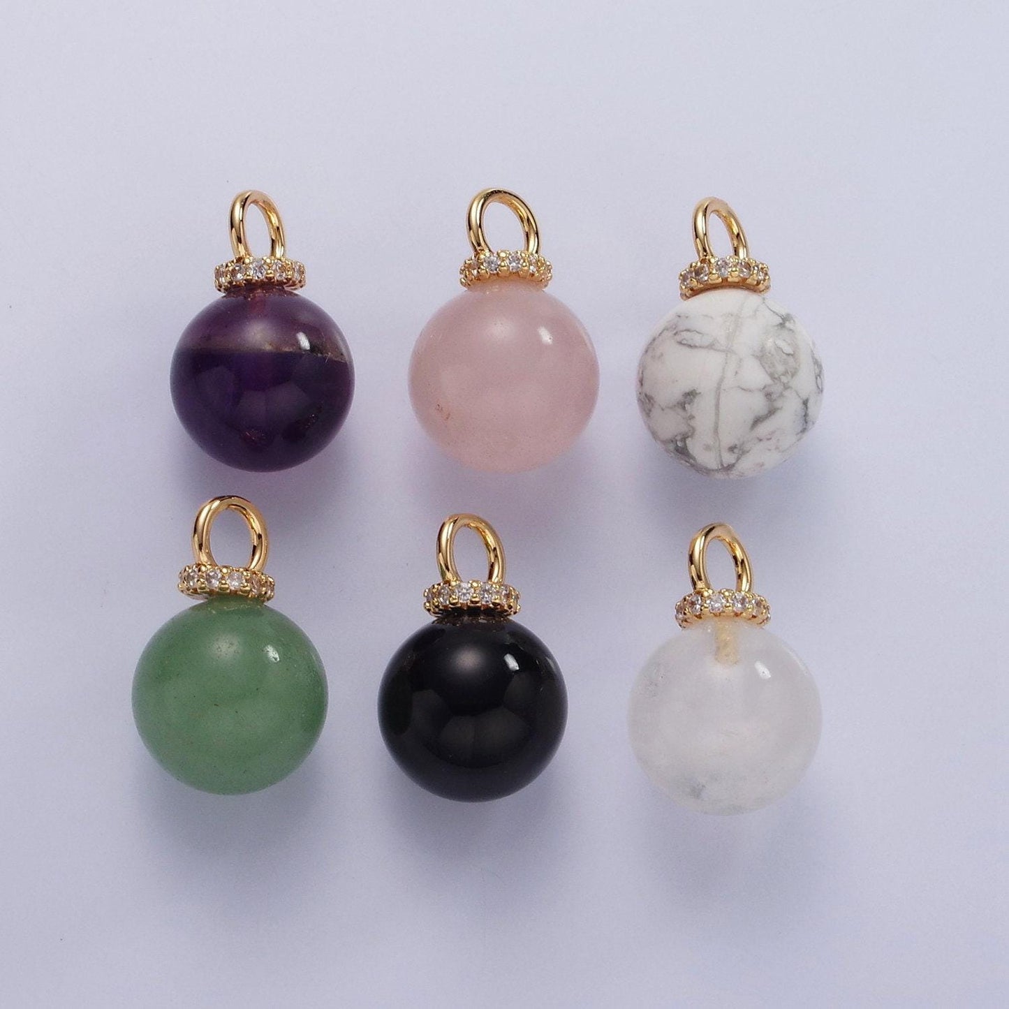 14k gold filled 12.5mm round natural gemstone micro paved cz drop personalized pendant | ac799 - ac804