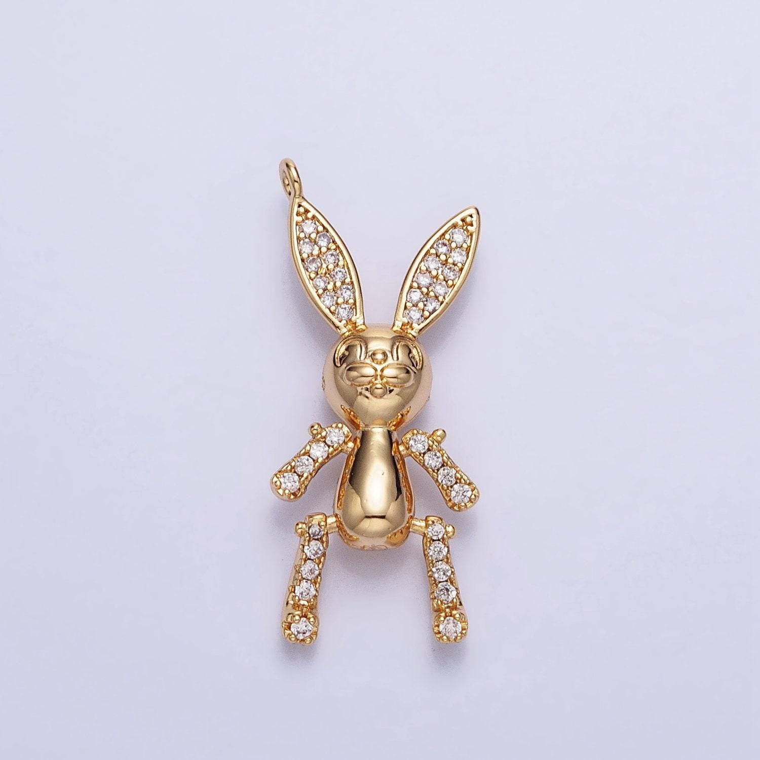 Dainty gold cz easter rabbit pendant 3d bunny charm silver gold plated dangle charm for easter jewelry inspired charm ac779