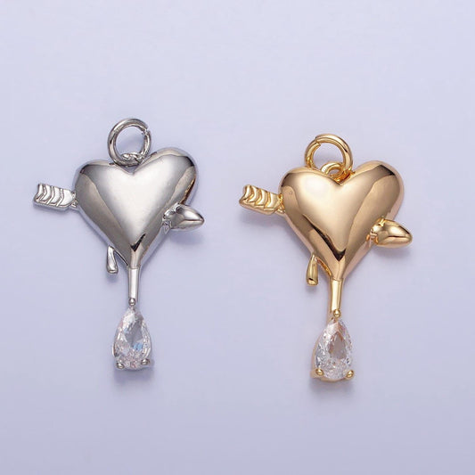 Gold, silver arrowed heart drippings blood with clear teardrop cz add-on charm | ac763 ac764