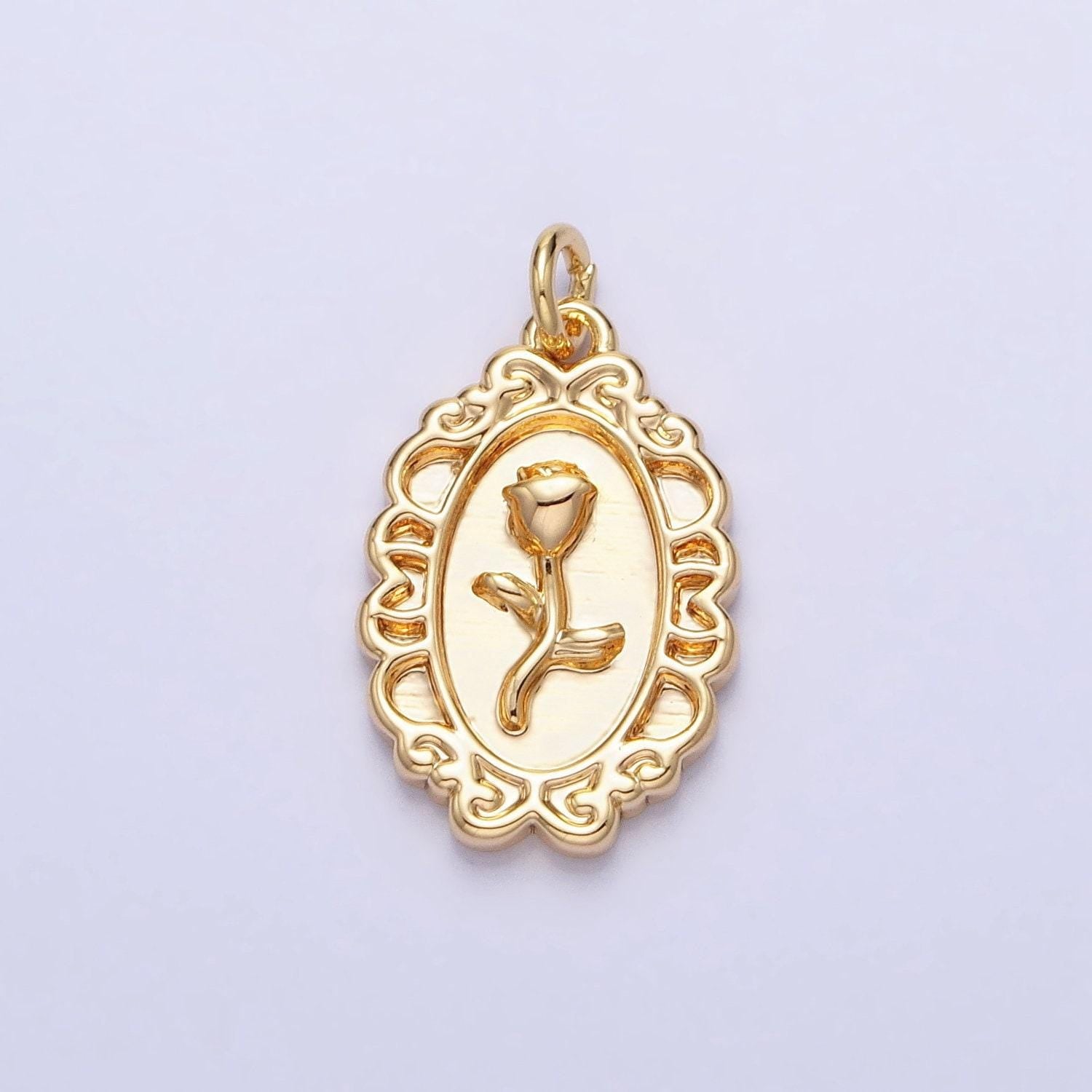 Mini gold rose charm in oval frame for add on charm belle flower charm ac761 ac762