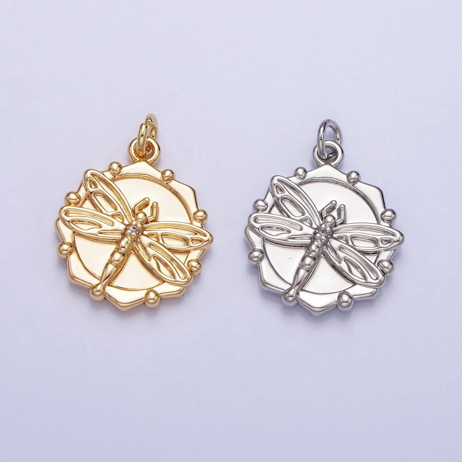 Dainty gold dragonfly charm, 16k gold plated brass insect pendant for bracelet necklace earring component ac757