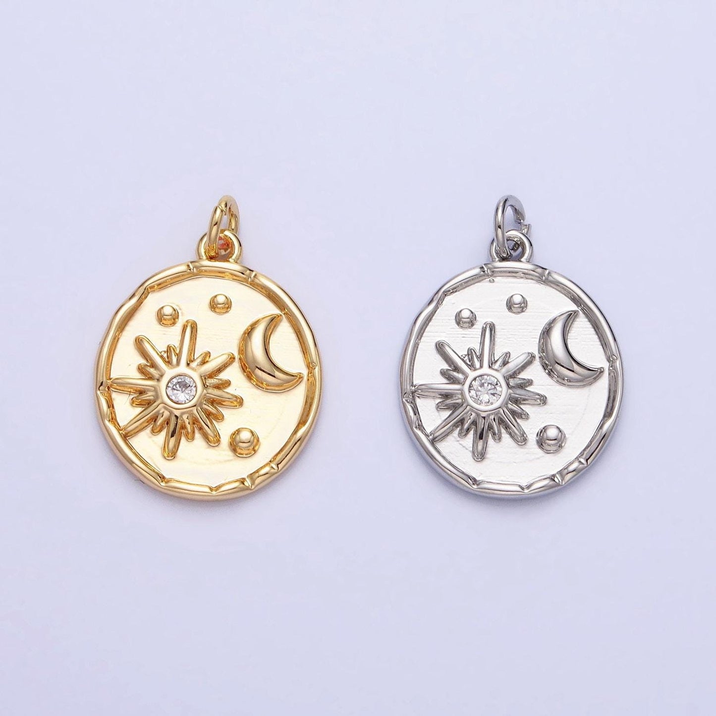 Dainty gold sun with moon in coin charm silver celestial jewelry ac755 ac756