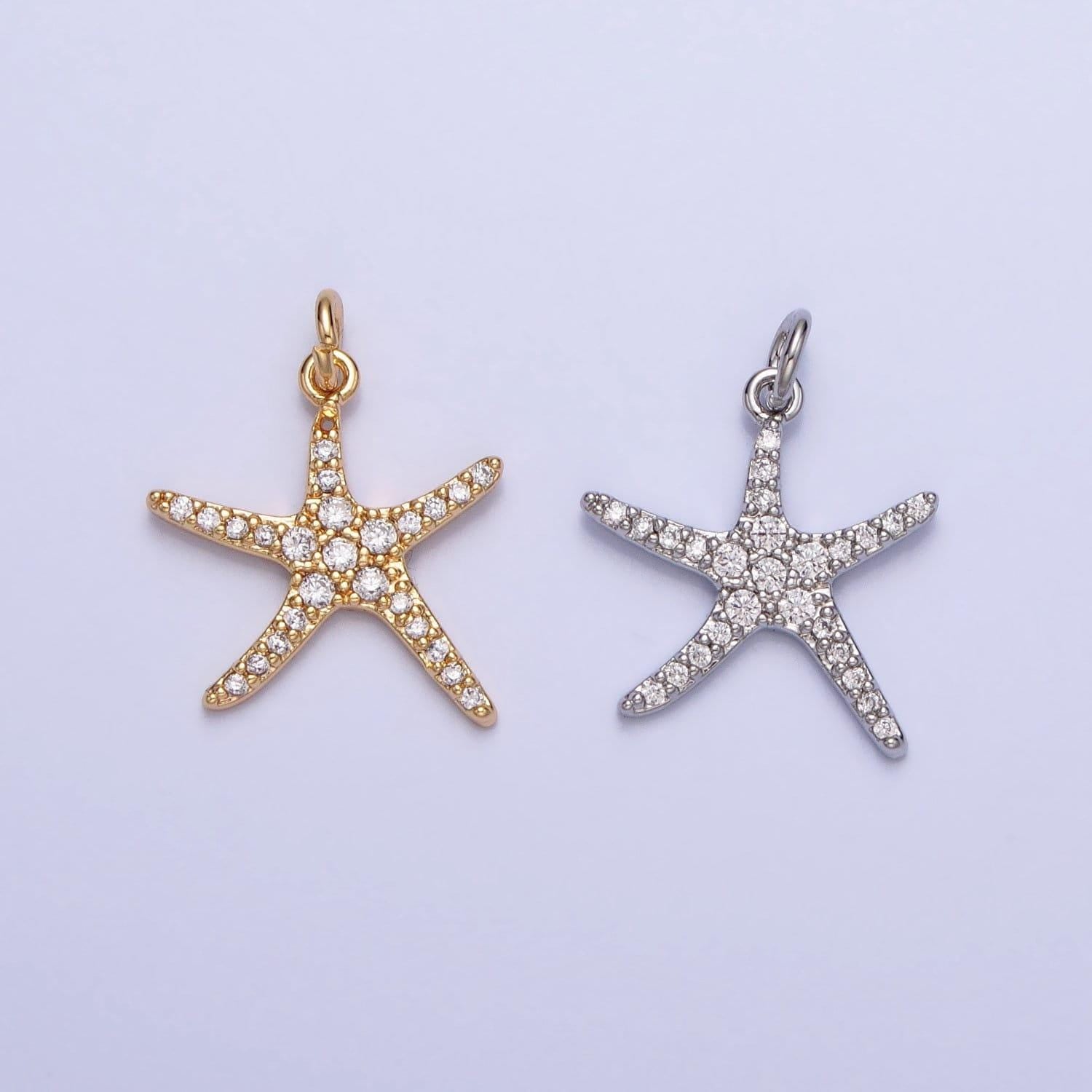 Gold plated starfish micro pave cz clear stone pendant minimalistic animal star fish dainty crystal cz charm | ac-749