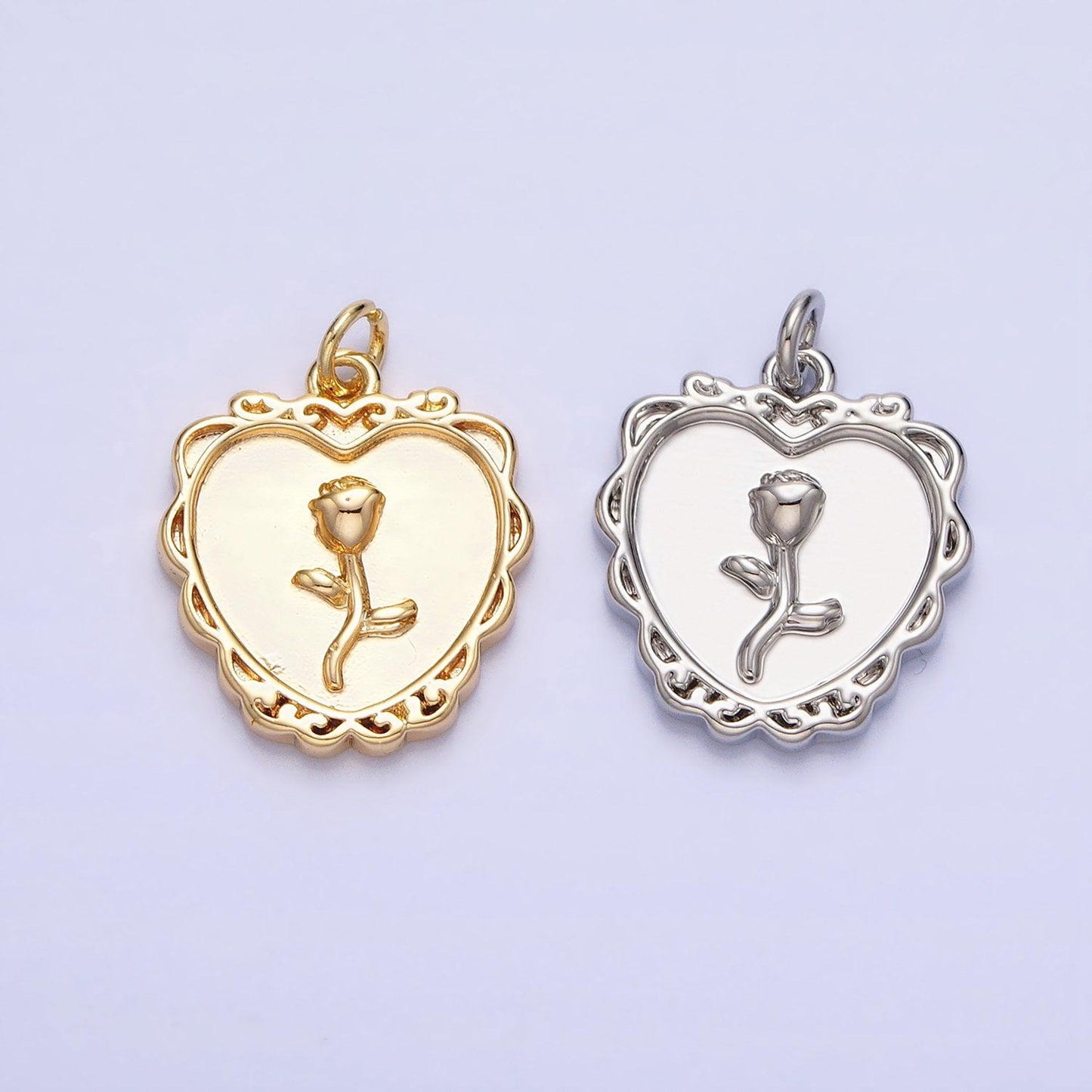 Mini gold rose charm in decorated heart frame for add on charm belle flower charm ac745