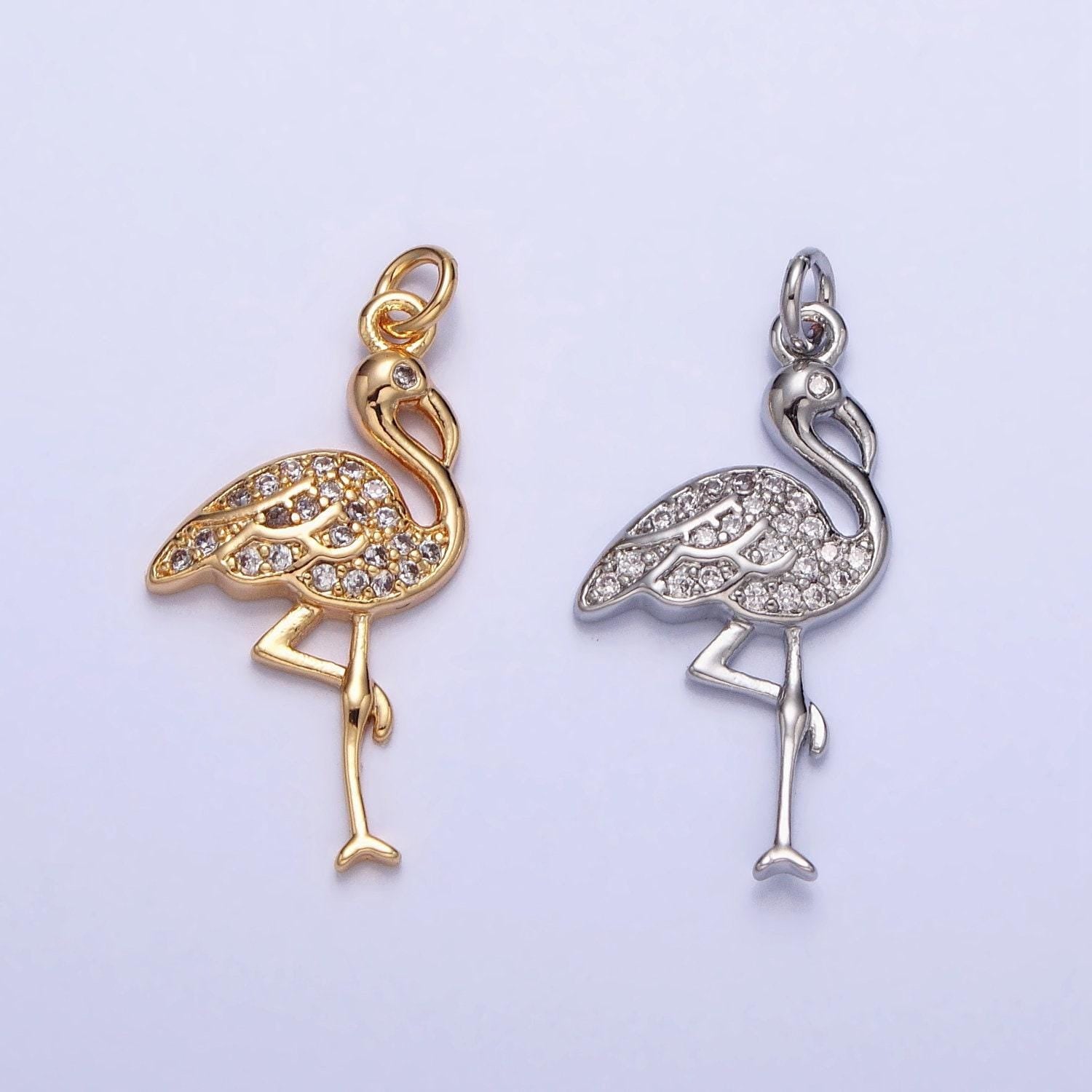 Mini gold flamingo charm silver micro pave bird zoo pendant ac731 ac732