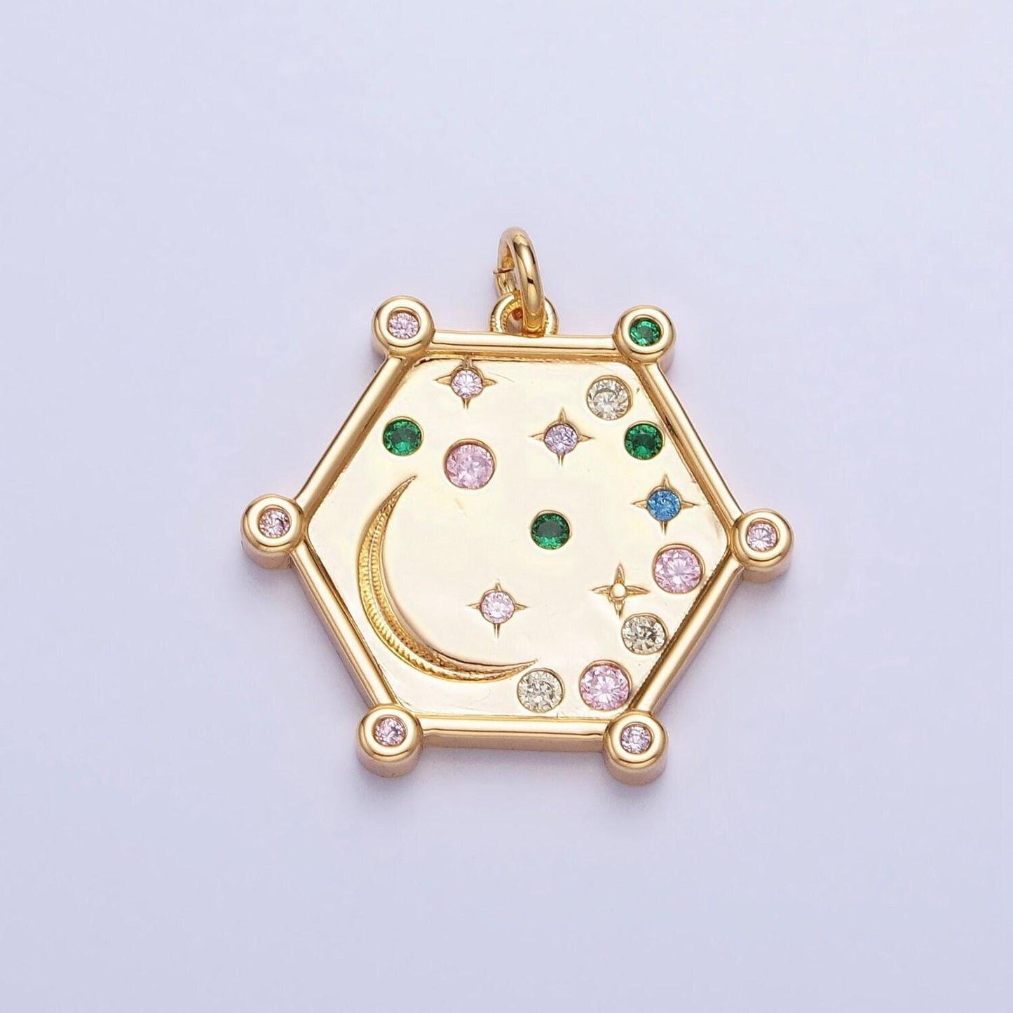 Gold, silver hexagonal celestial moon clear, pink, green, purple & yellow multicolor charm ac695 - ac696