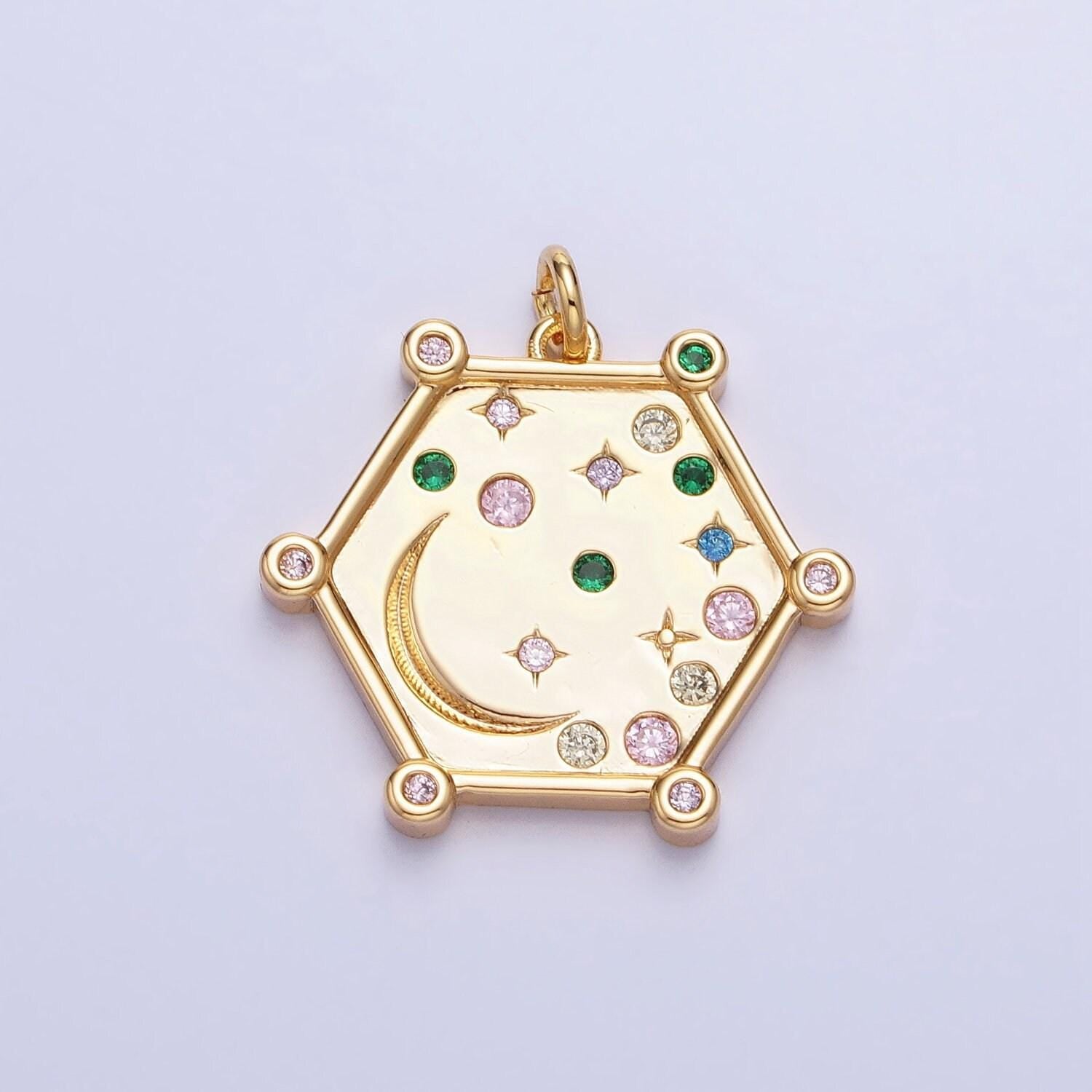Gold, silver hexagonal celestial moon clear, pink, green, purple & yellow multicolor charm ac695 - ac696
