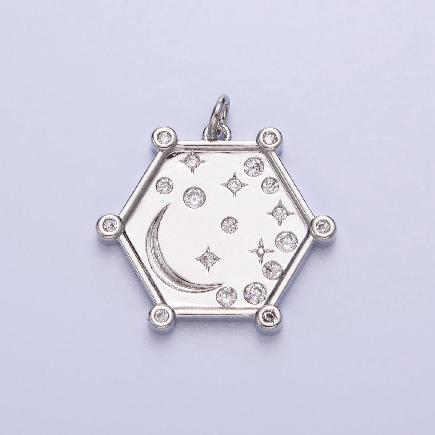 Gold, silver hexagonal celestial moon clear, pink, green, purple & yellow multicolor charm ac695 - ac696