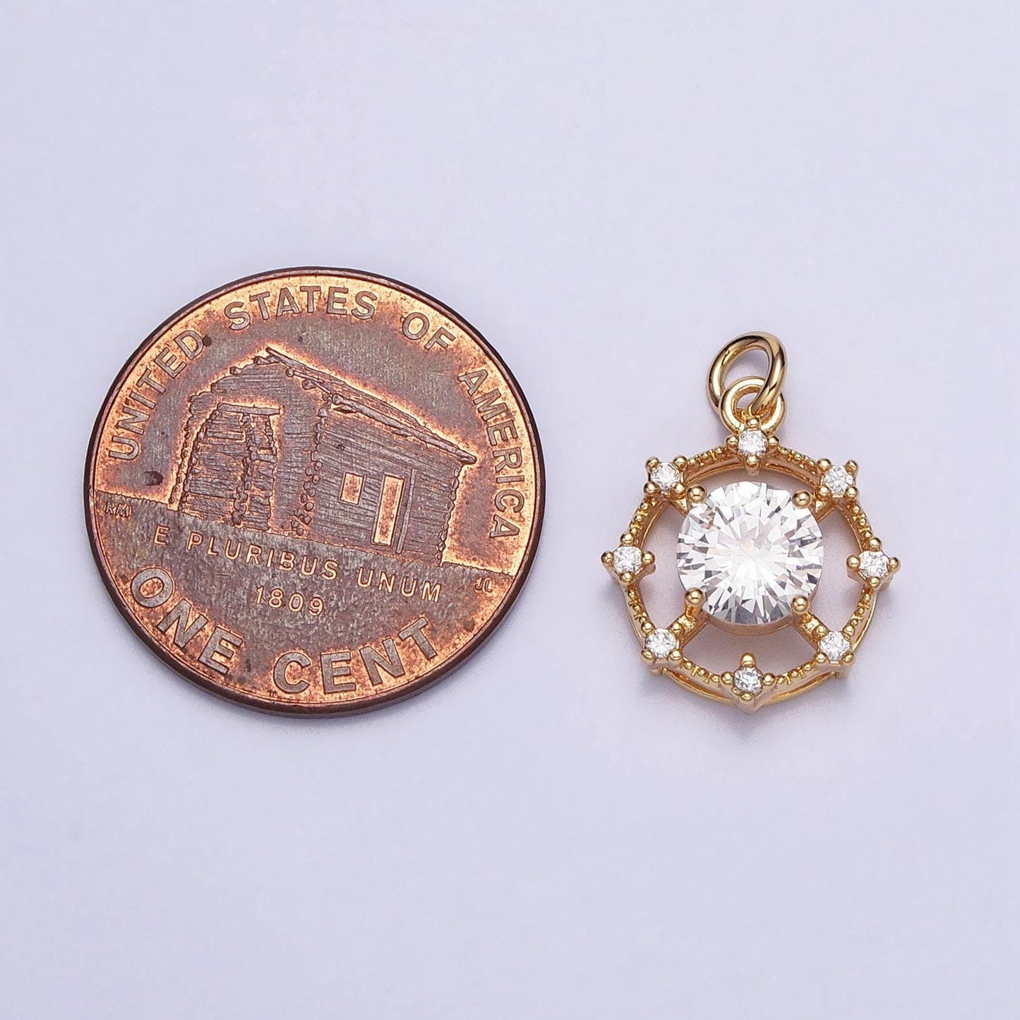 Gold, silver round solitaire clear cz stone wheel sun celestial geometric add-on charm | ac693 ac694