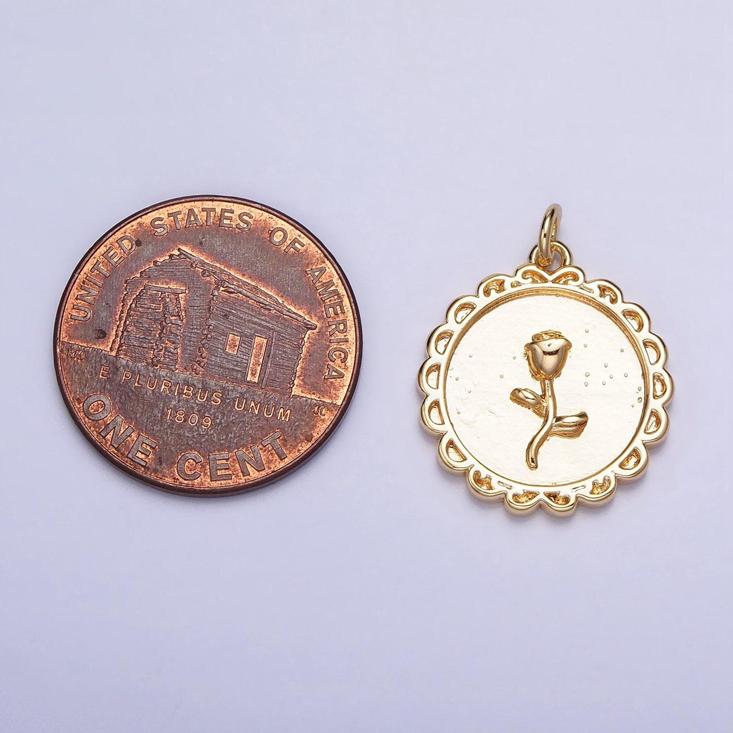 Mini gold rose charm in decorated circle round frame for add on charm belle flower charm ac687