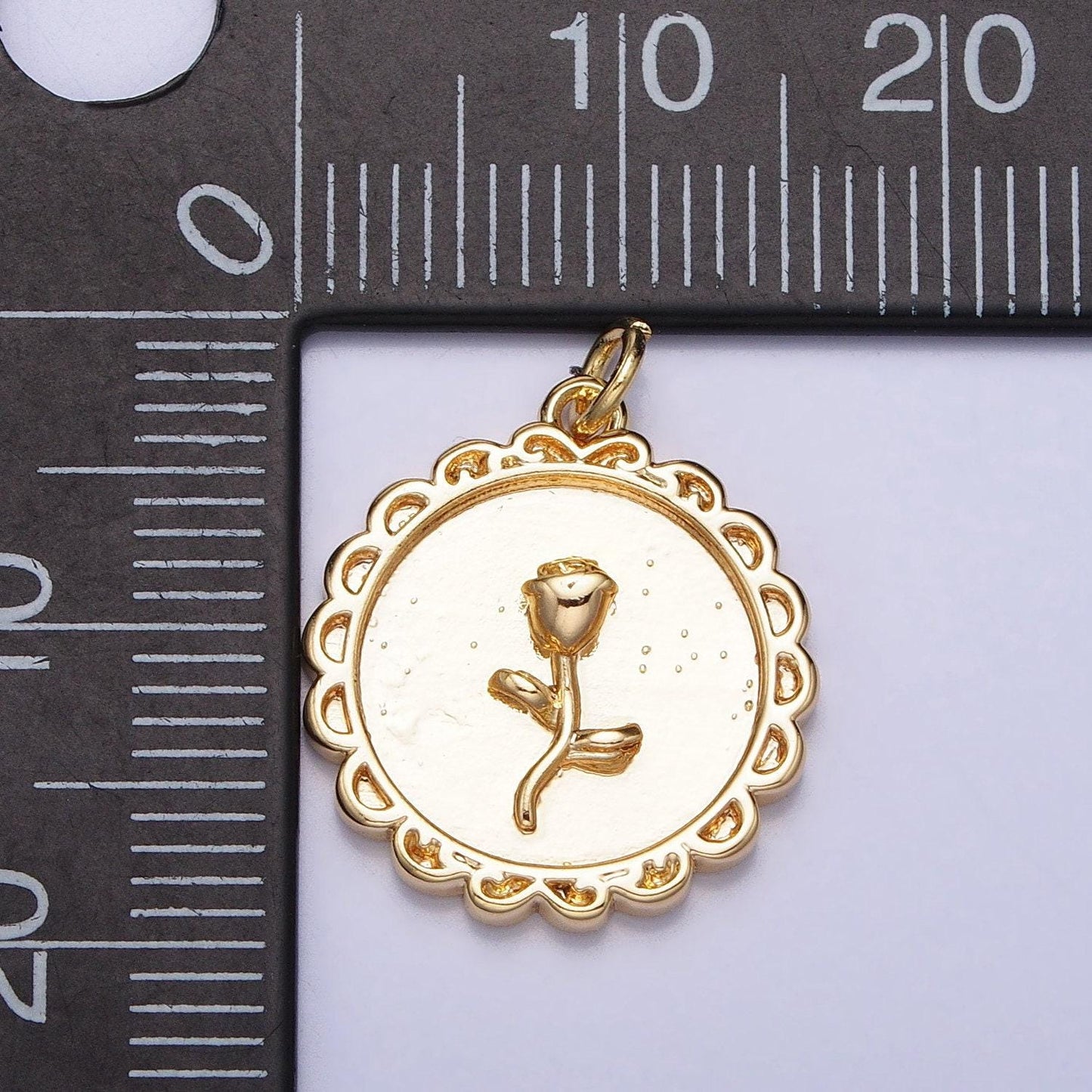 Mini gold rose charm in decorated circle round frame for add on charm belle flower charm ac687