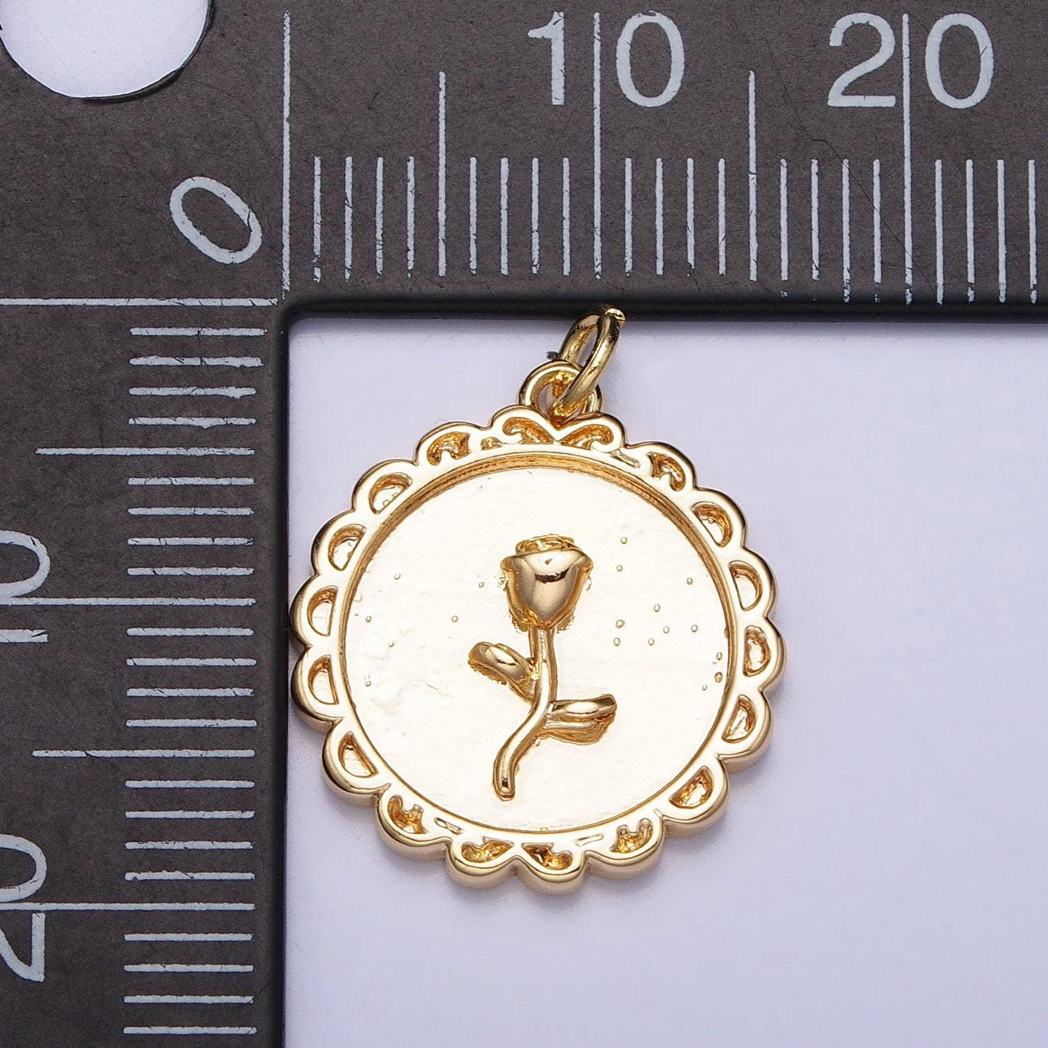 Mini gold rose charm in decorated circle round frame for add on charm belle flower charm ac687
