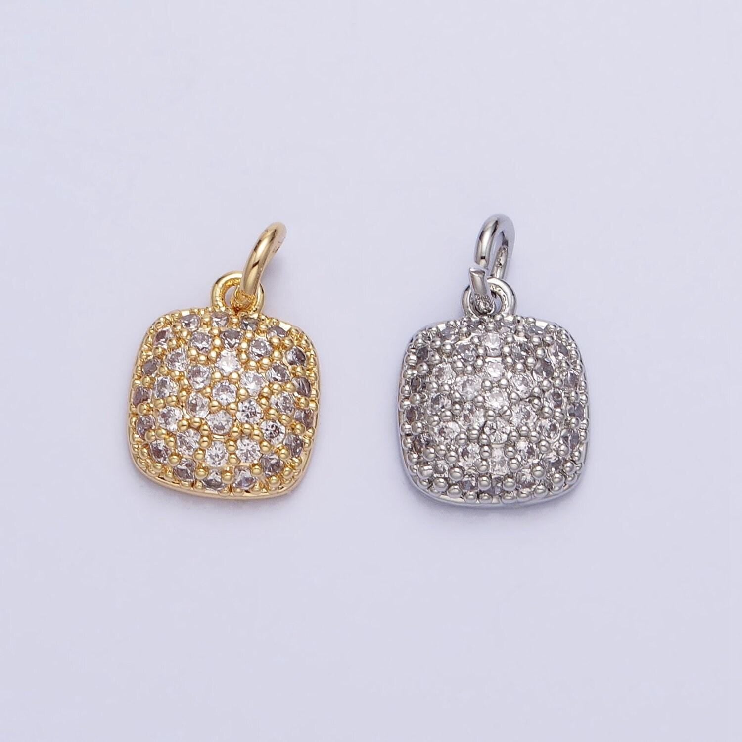 Mini gold, silver square rounded micro paved cz add-on charm for necklace bracelet earring component | ac683 ac684
