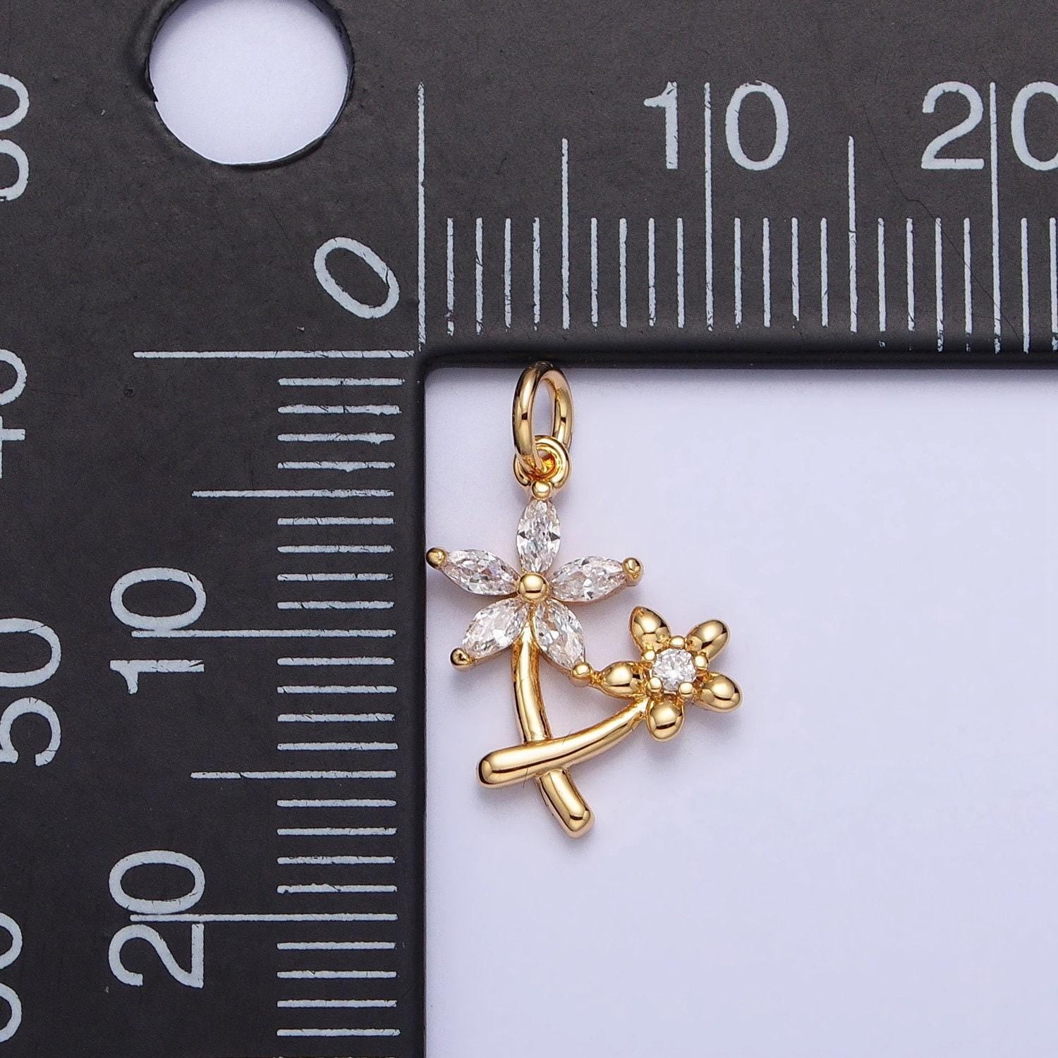 Gold, silver double daisy flower marquise cz nature add-on charm spring summer jewelry inspired | ac675 ac676