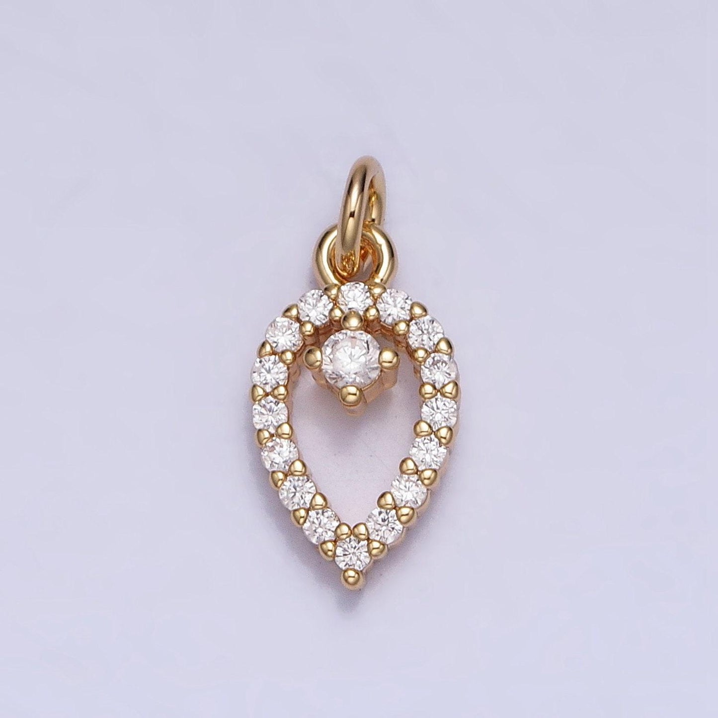 Dainty clear micro paved cz teardrop mini open add-on charm in gold & silver rain drop tear drop geometric charm | ac639 ac640